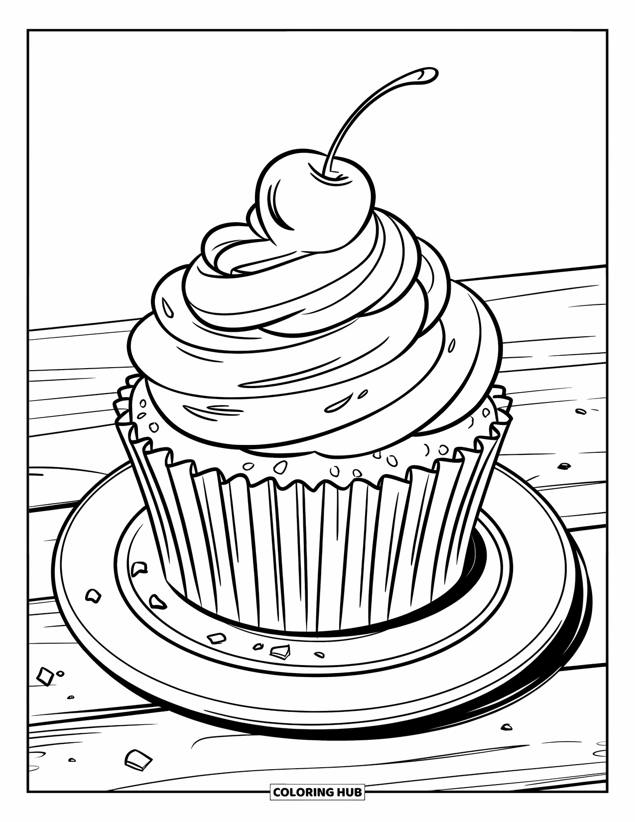 Sweet Treats Coloring Page for Kids: A cupcake with crumbs around it sits on a wooden surface