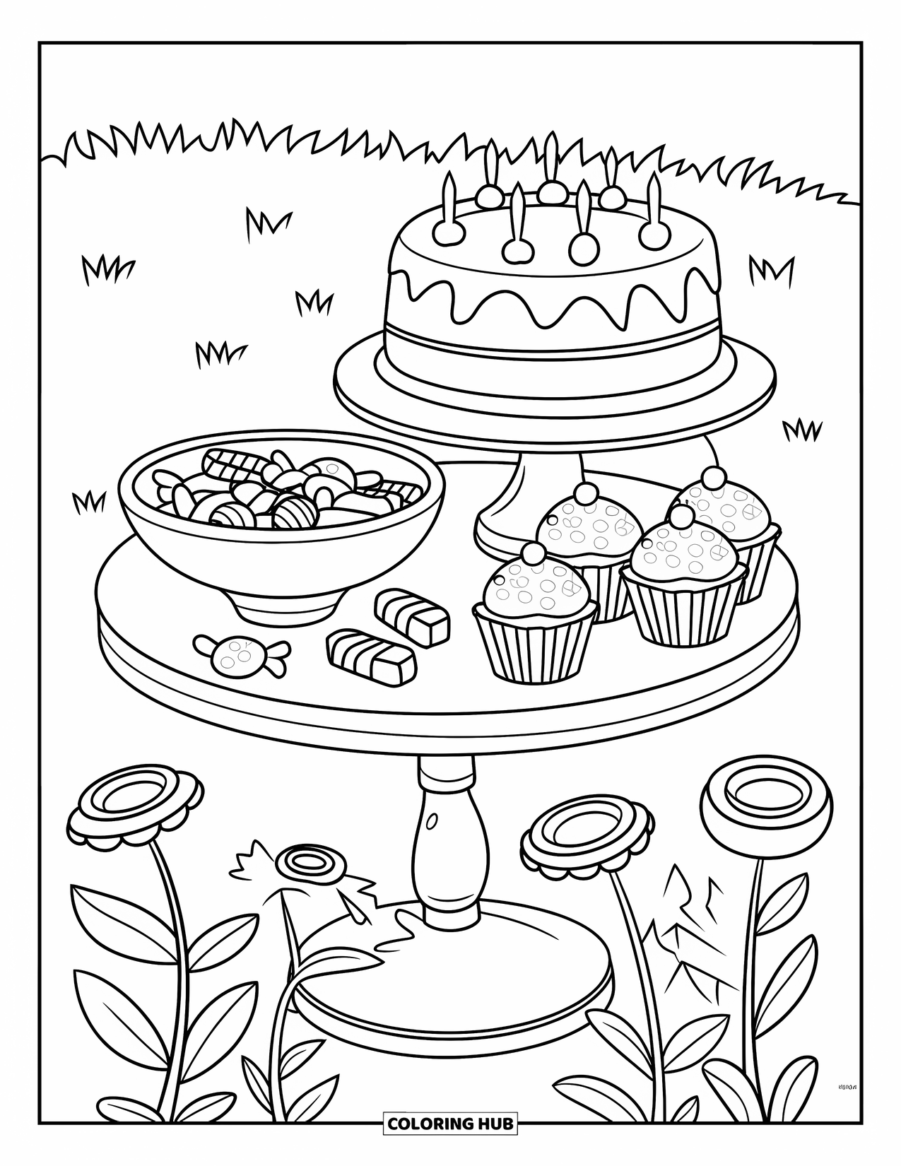 Sweet Treats Coloring Page for Kids: A grassy field hosts a table with frosted cupcakes and bright candy