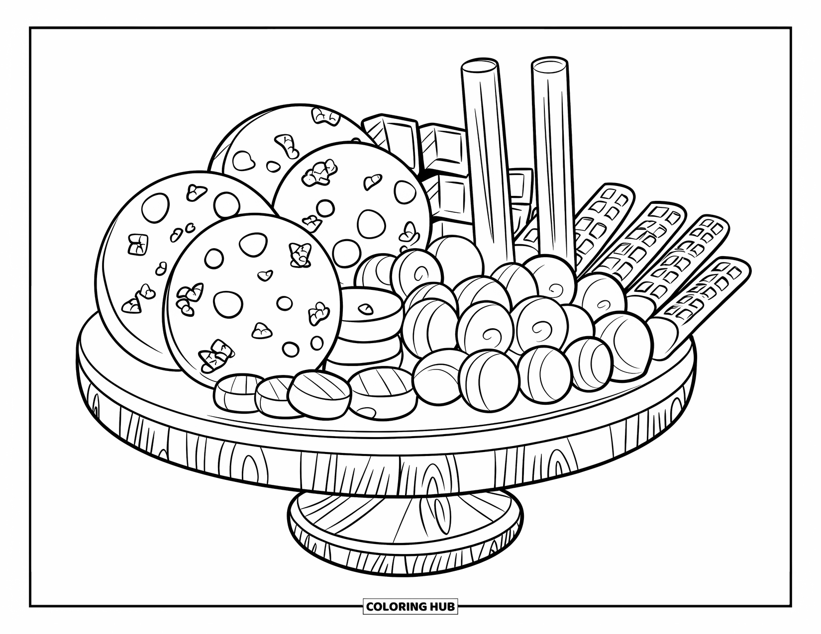 Sweet Treats Coloring Page for Kids: A heart-shaped dessert board is filled with cookies, candies, and waffle sticks