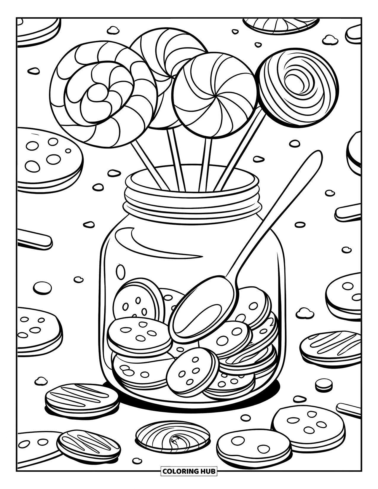Sweet Treats Coloring Page for Kids: A jar full of lollipops and cookies spills sweet treats everywhere