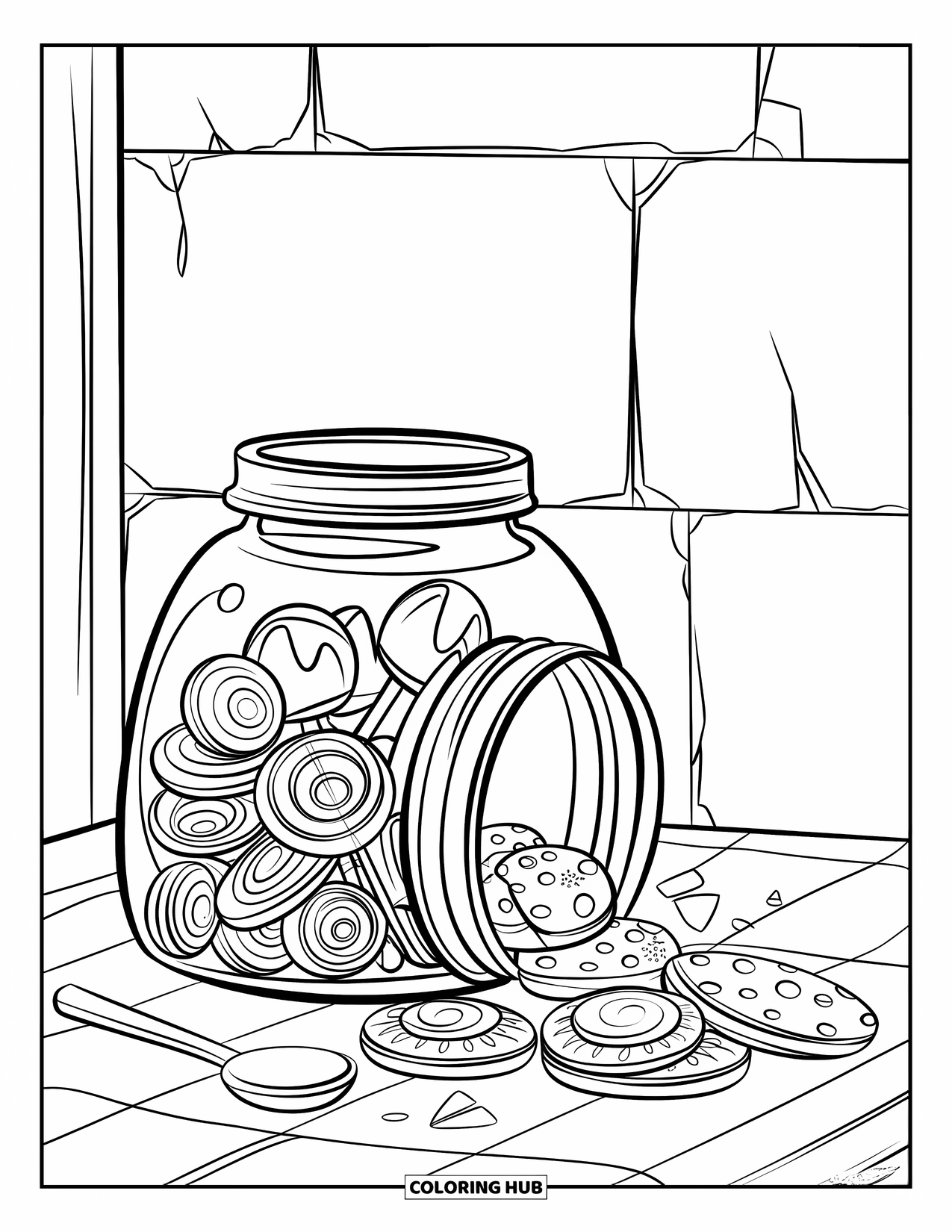 Sweet Treats Coloring Page for Kids: A jar of goodies sits beside a spoon near a cracked wall