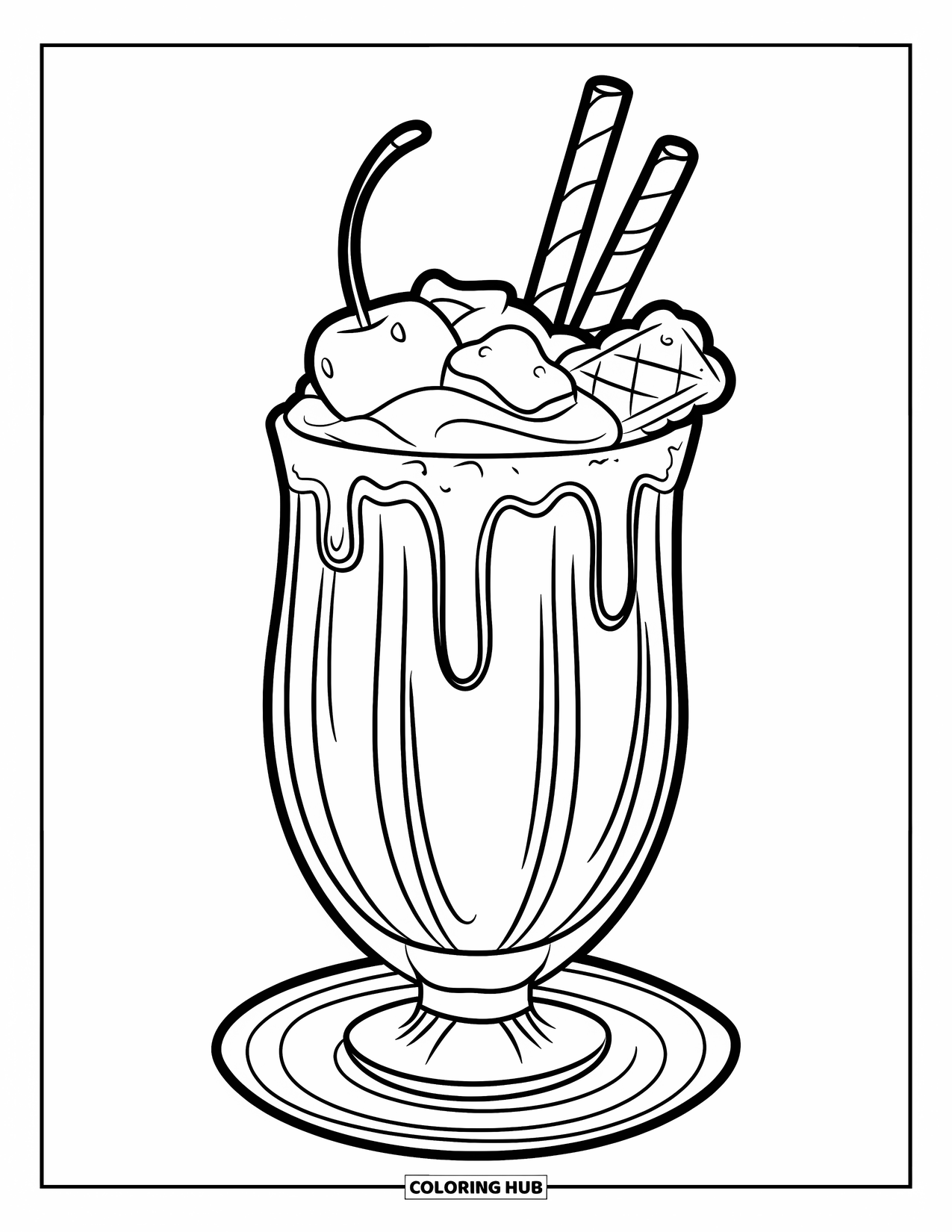 Sweet Treats Coloring Page for Kids: A milkshake with a cherry floats with marshmallows and a cookie on top