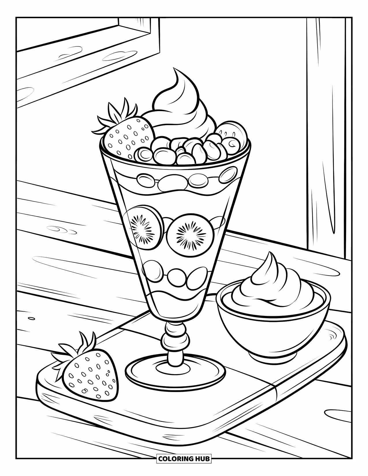 Sweet Treats Coloring Page for Kids: A parfait of berries and kiwi sits beside a bowl of whipped topping