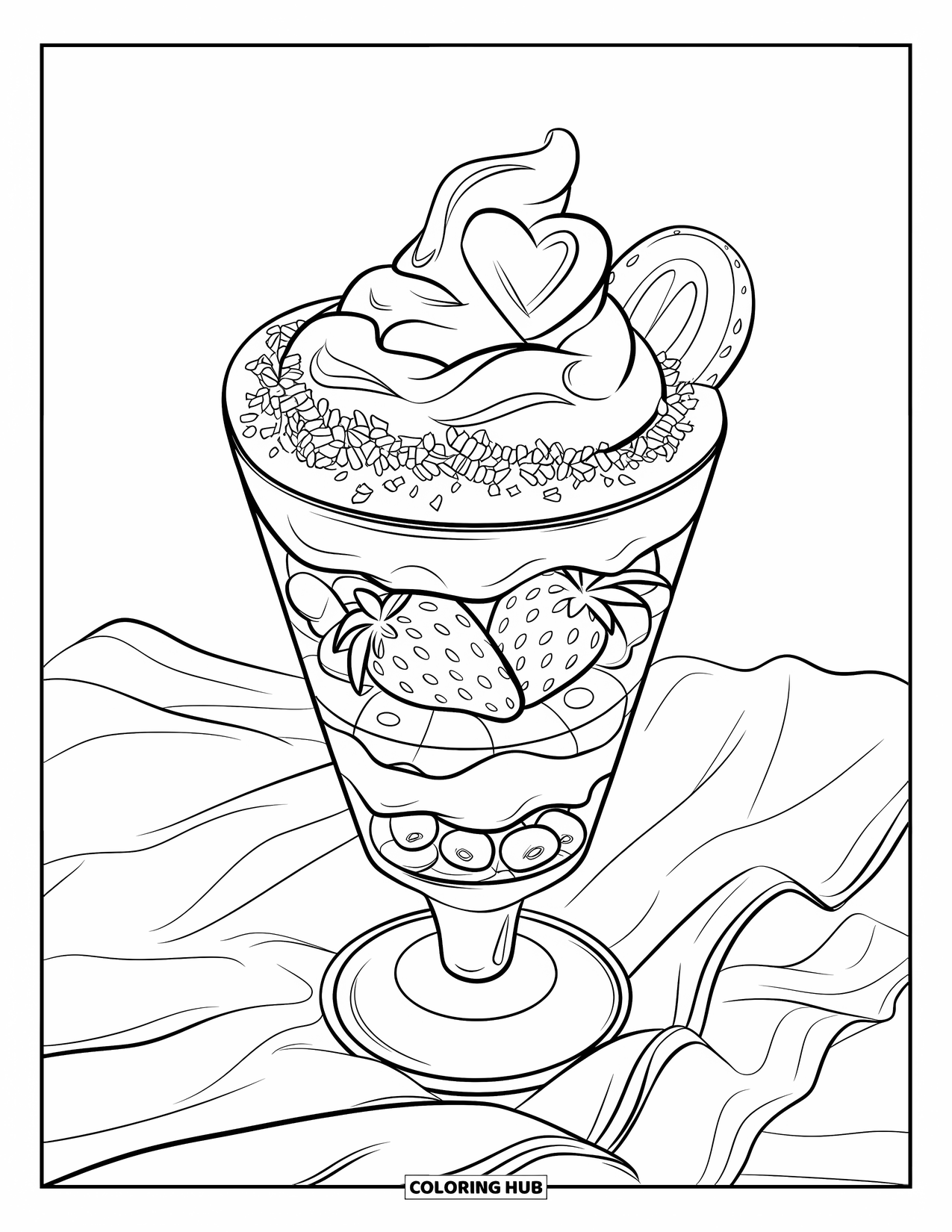 Sweet Treats Coloring Page for Kids: A parfait with fruit and heart-shaped cream sits on a linen cloth