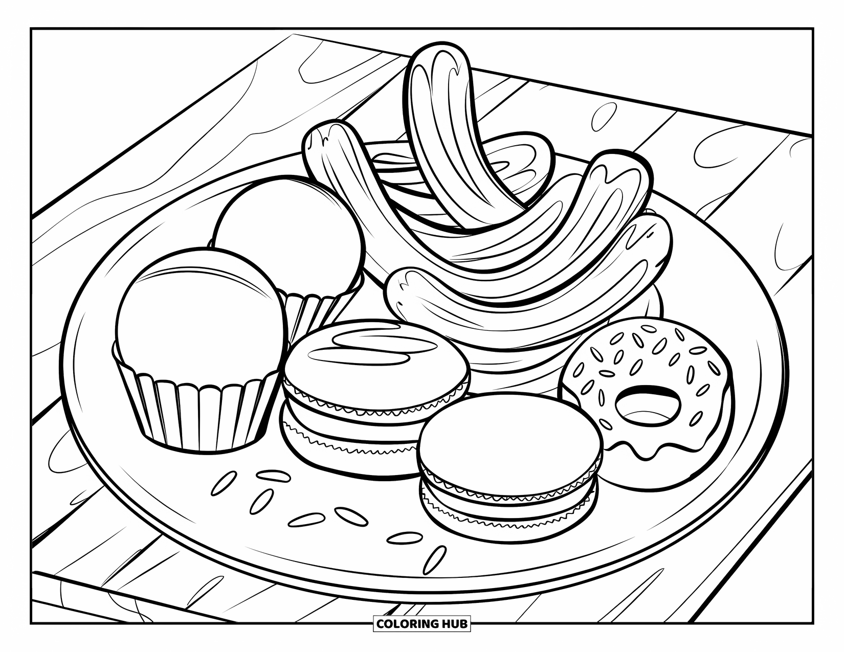 Sweet Treats Coloring Page for Kids: A plate of mochi, churros, cupcakes, and macarons sits on a wooden surface