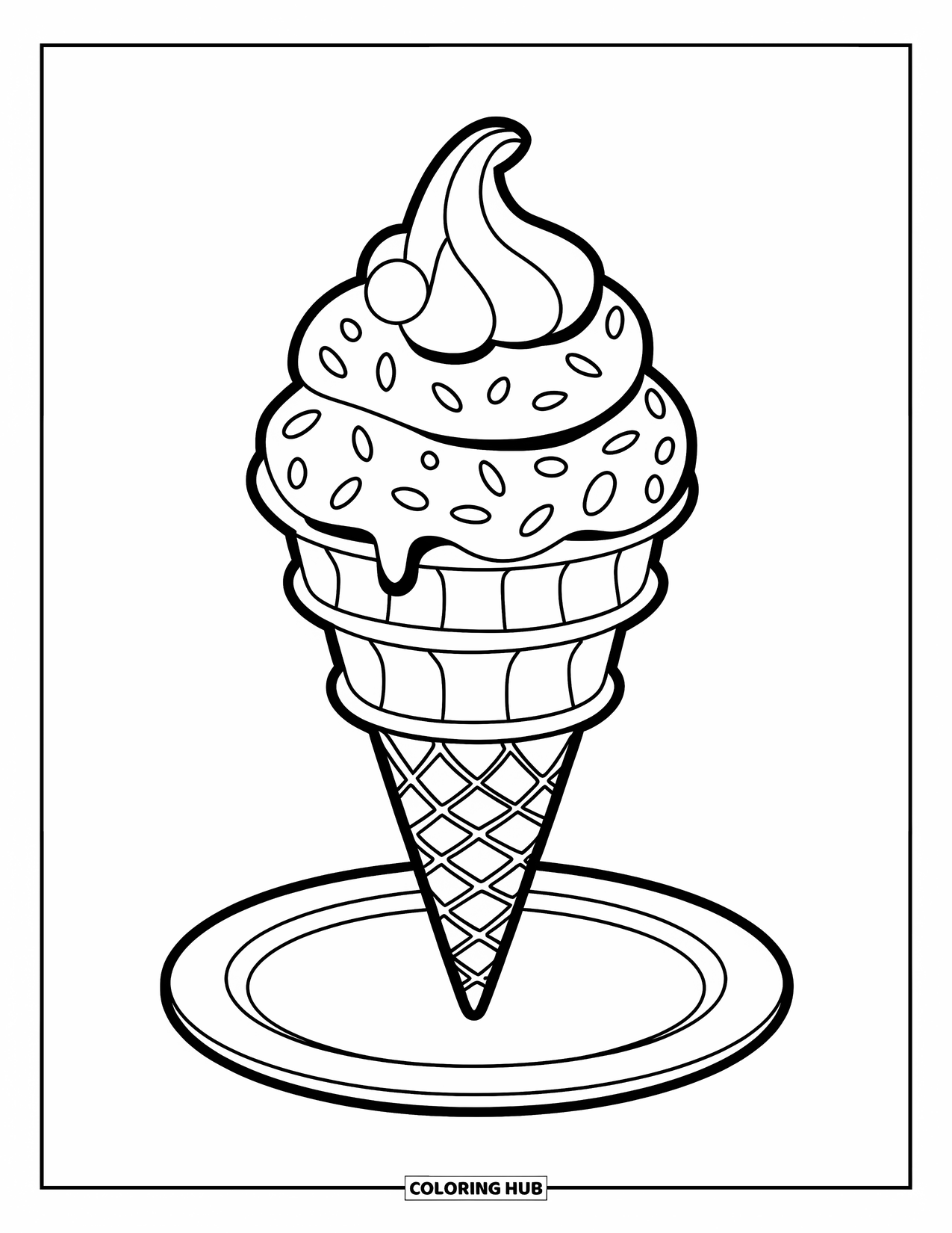 Sweet Treats Coloring Page for Kids: A swirl-topped ice cream cone sits alone on a little white plate
