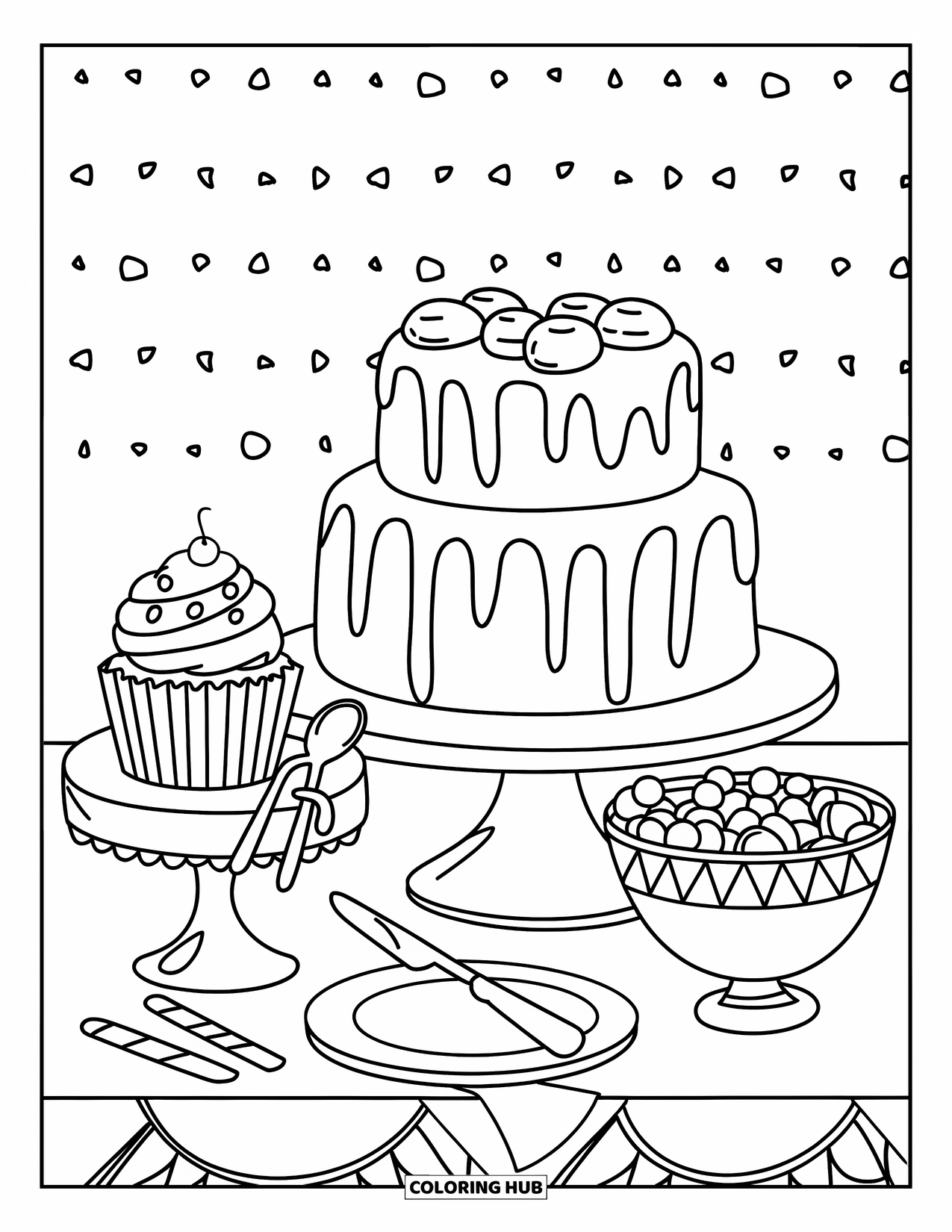 Sweet Treats Coloring Page for Kids: A table holds a cake, cupcakes, and a bowl of colorful candy