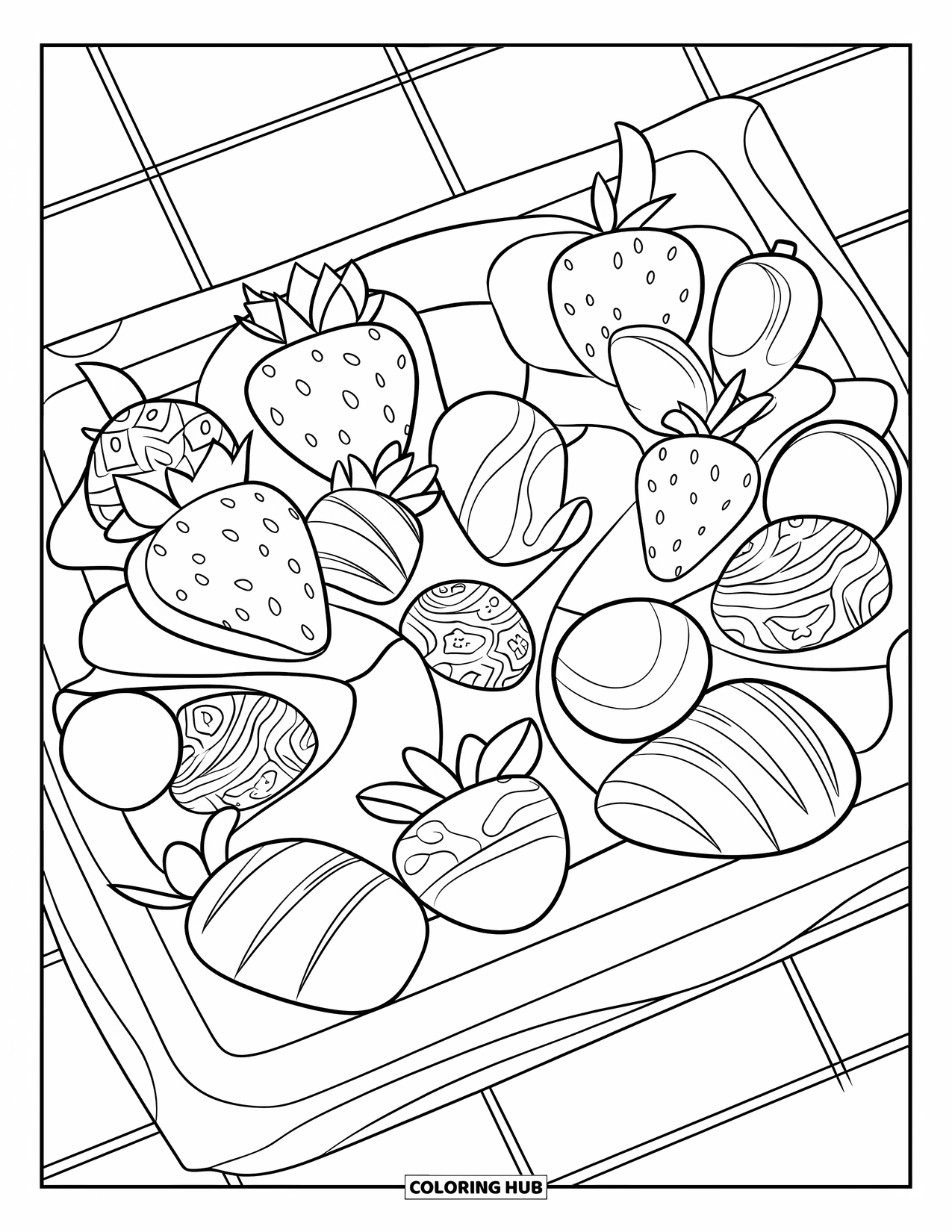Sweet Treats Coloring Page for Kids: A tray holds fruit dipped in chocolate and sprinkled with truffles