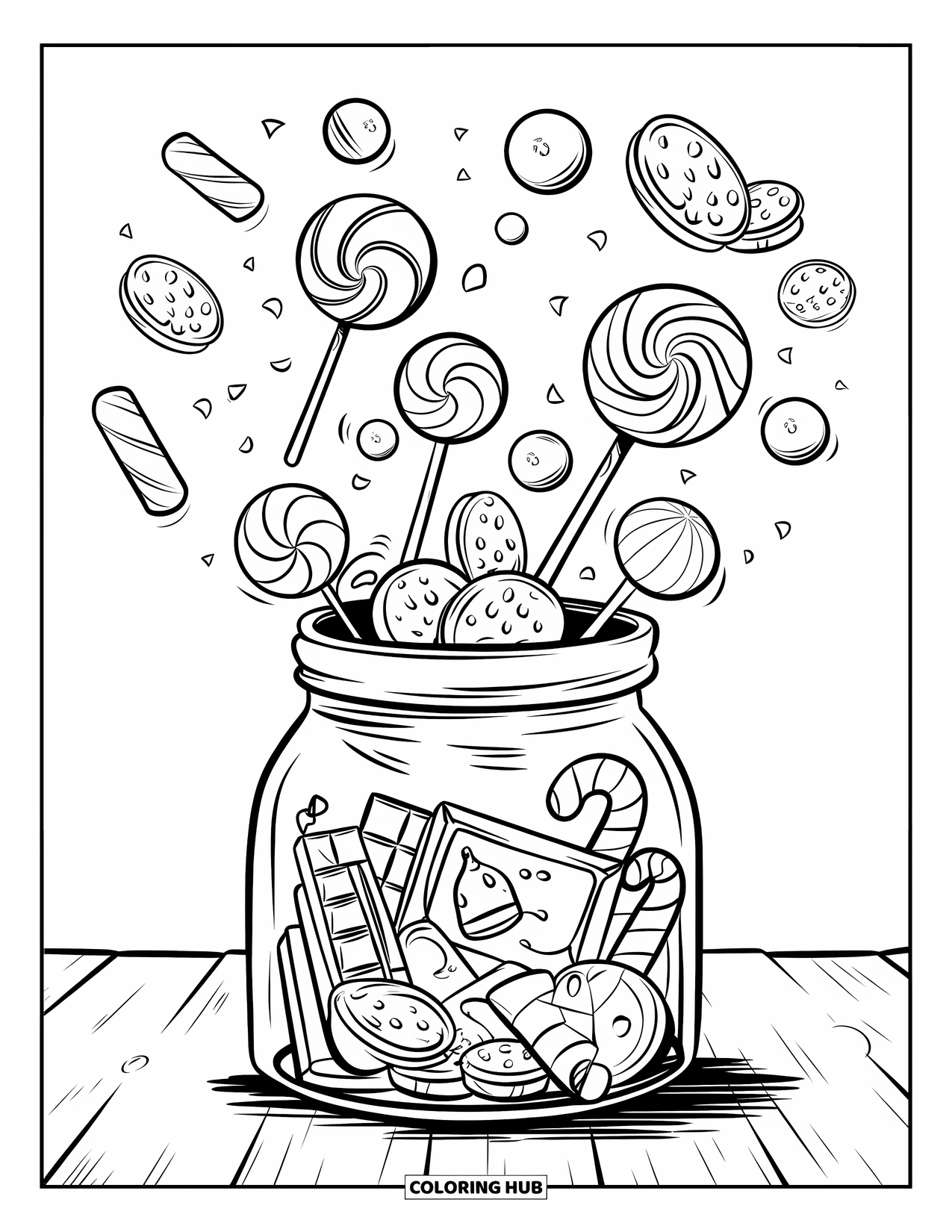 Sweet Treats Coloring Page for Kids: A treat jar overflows with lollipops, cookies, and a candy cane