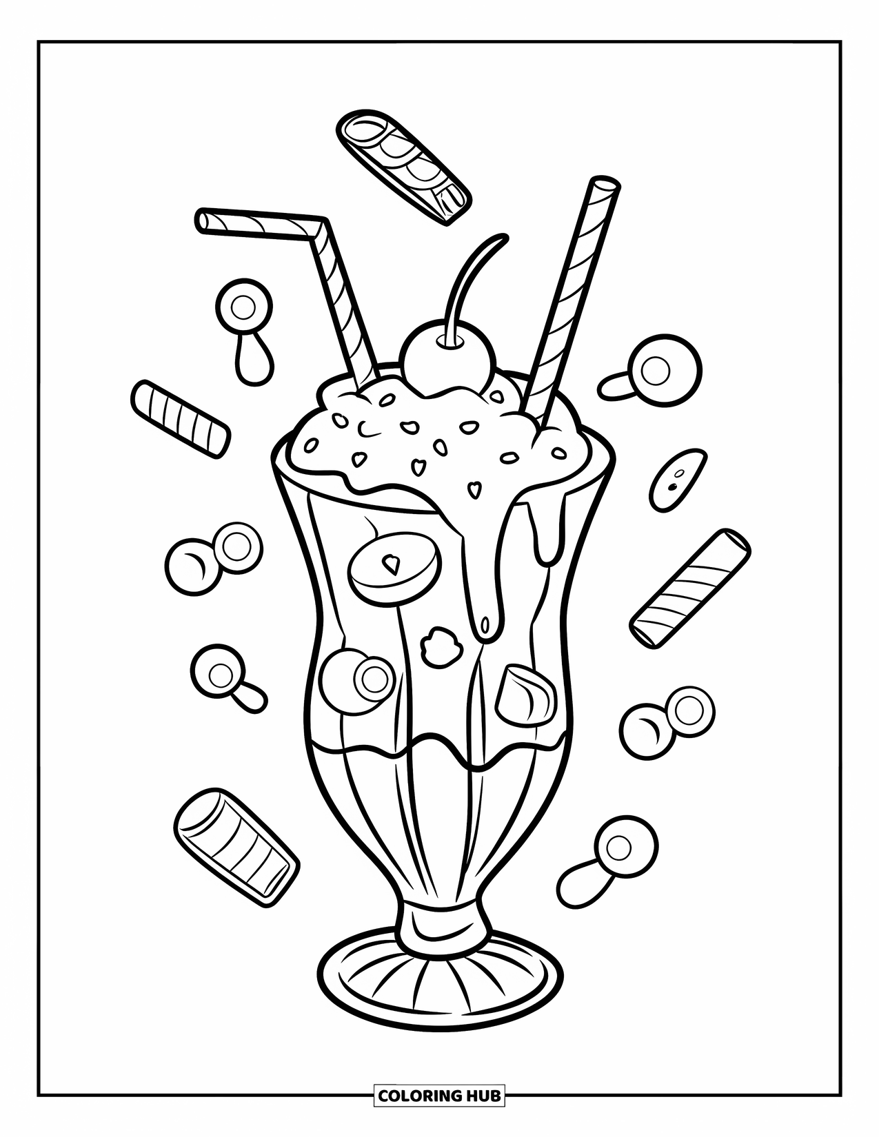 Sweet Treats Coloring Page for Kids: A treat milkshake has a cherry, candy, and two straws poking out