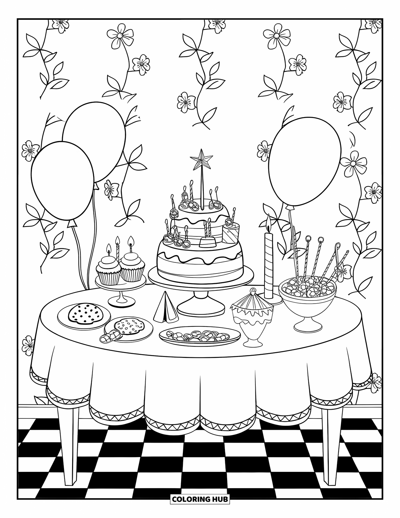 Sweet Treats Coloring Page for Kids: A treat table with cake and balloons sits on a checkered floor