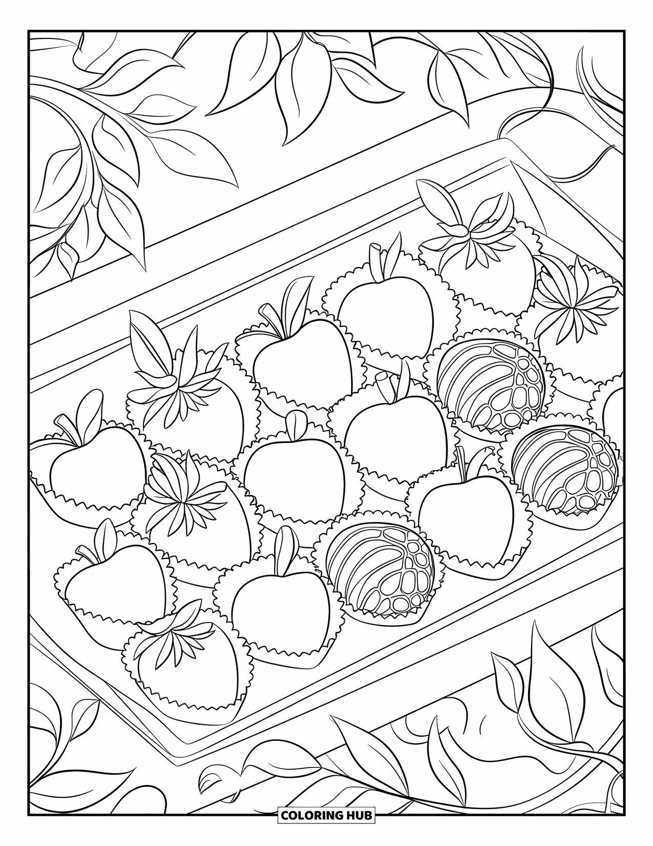 Sweet Treats Coloring Page for Kids: A treat tray with fruit and truffles is decorated with ribbons and leaves