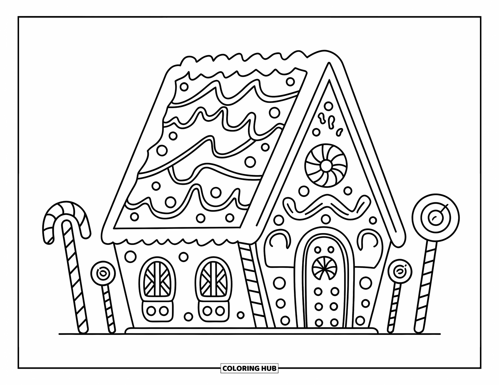 Sweet Treats Coloring Page for Kids: Candy garlands decorate a gingerbread house with lollipops and frosting