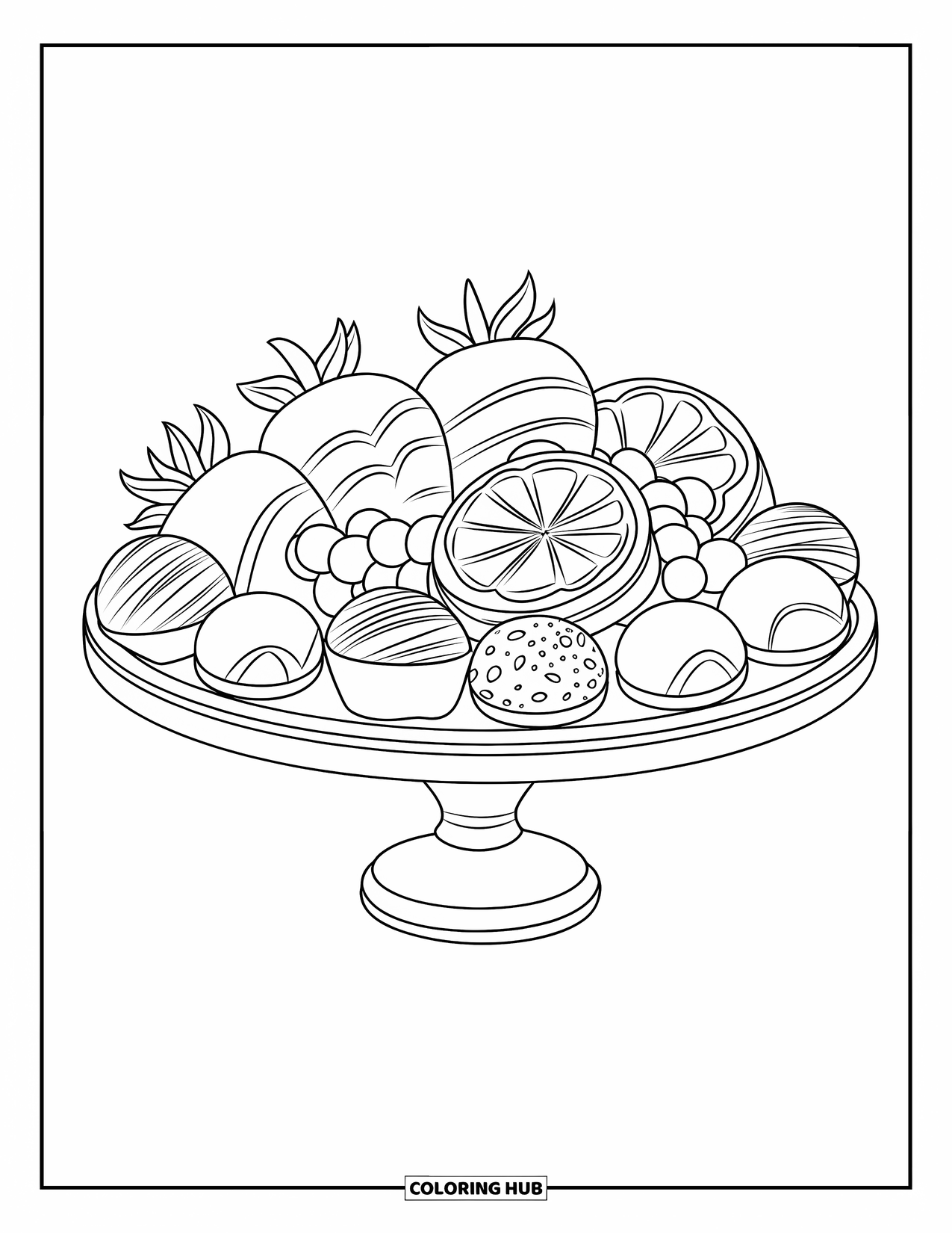 Sweet Treats Coloring Page for Kids: Chocolate-dipped fruits and truffles are arranged on a treat tray