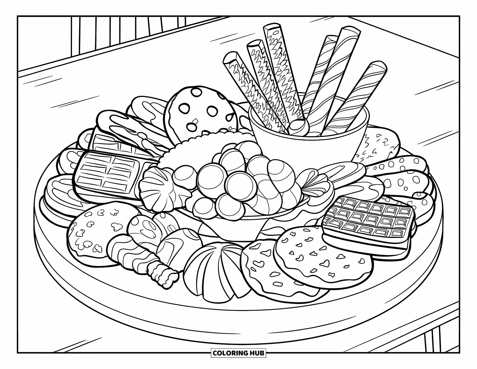Sweet Treats Coloring Page for Kids: Cookies, gummies, and waffle sticks fill a dessert board on a wooden platter
