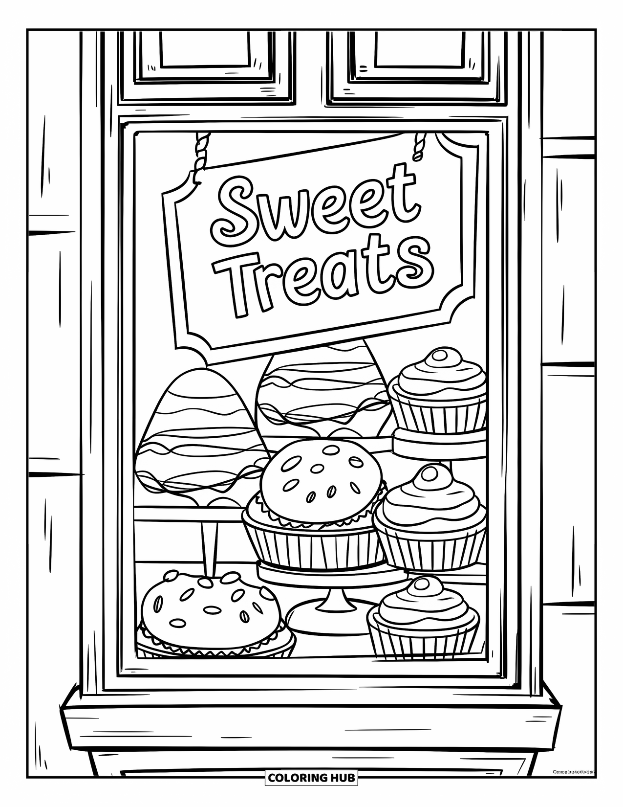 Sweet Treats Coloring Page for Kids: Cupcakes and eclairs fill a window with a "Sweet Treats" sign above