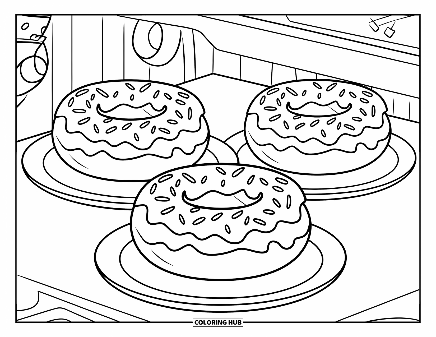 Sweet Treats Coloring Page for Kids: Donuts with fun shapes and icing sit neatly on separate plates