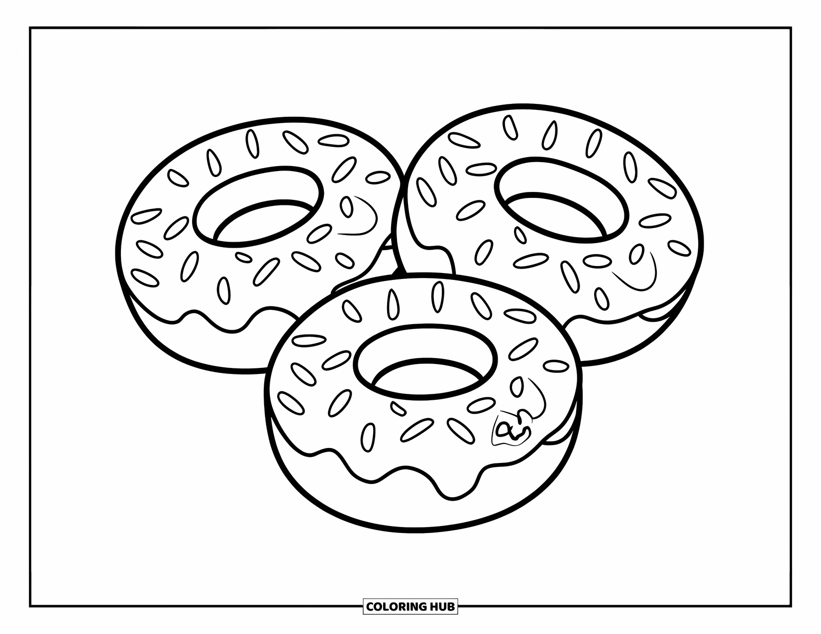 Sweet Treats Coloring Page for Kids: Donuts with thick icing include one shaped like Mickey's head