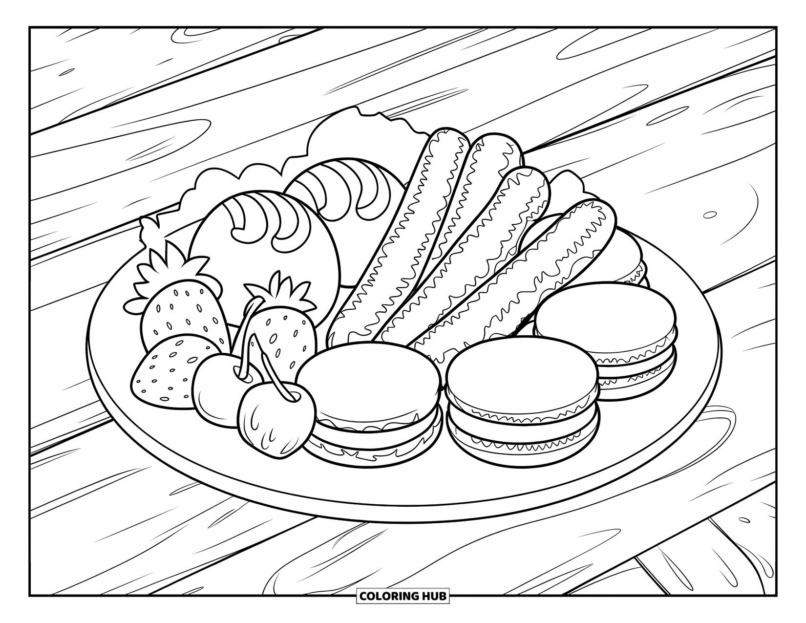 Sweet Treats Coloring Page for Kids: Mochi, churros, and macarons rest on a plate with berries and a cherry
