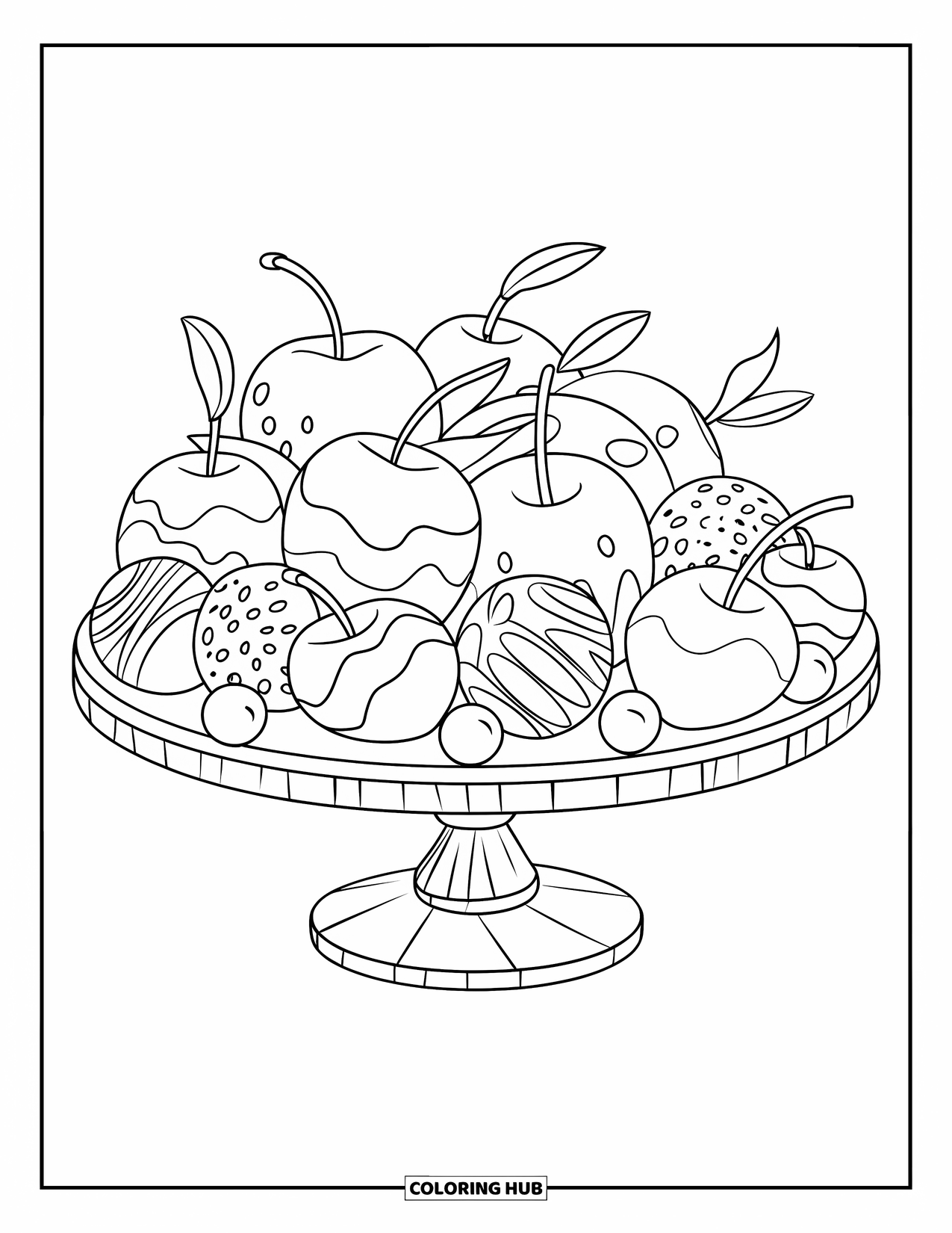 Sweet Treats Coloring Page for Kids: Strawberries and cherries dipped in chocolate rest on a fancy tray