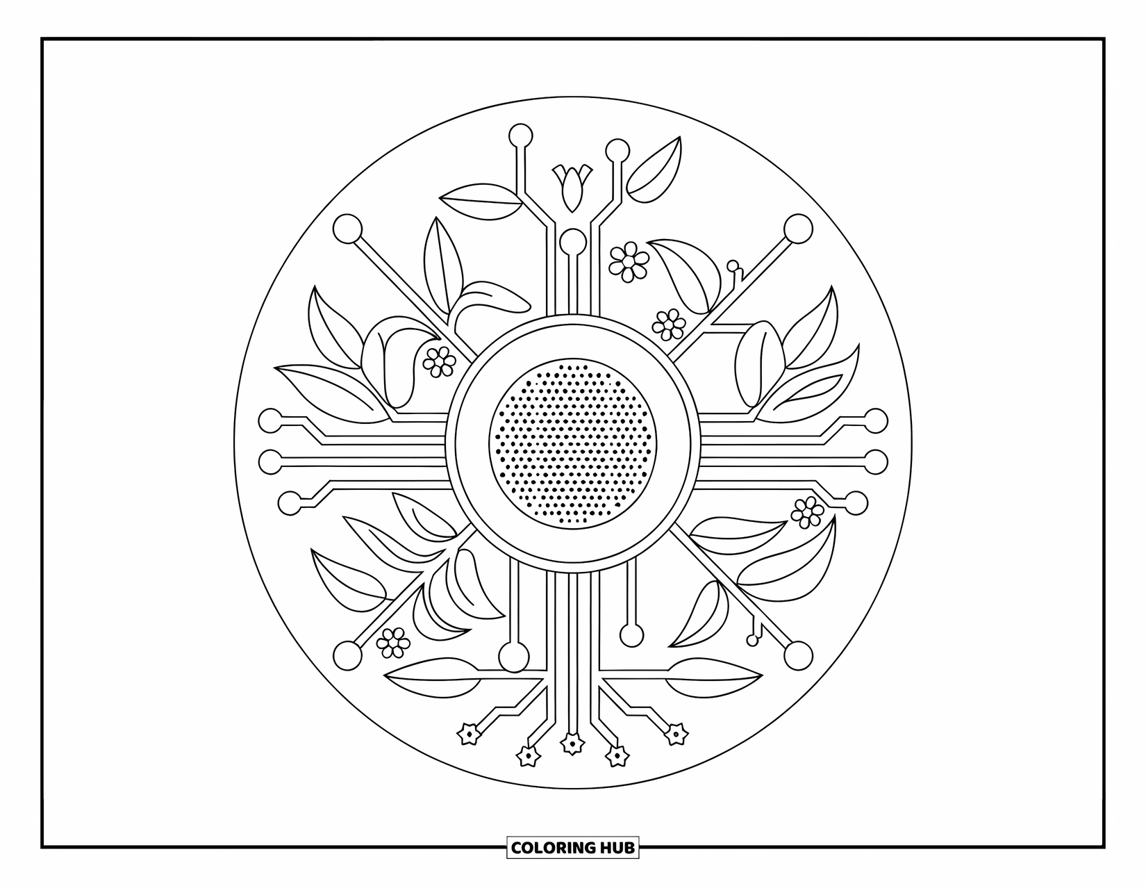 Technology Coloring Page for Adults: A circular speaker is hugged by vines, leaves, and tiny techy flowers
