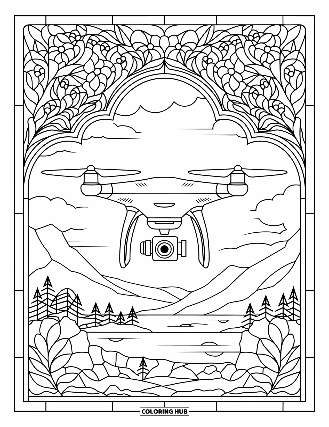 Technology Coloring Page for Adults: A floral stained-glass window frames a camera drone in flight