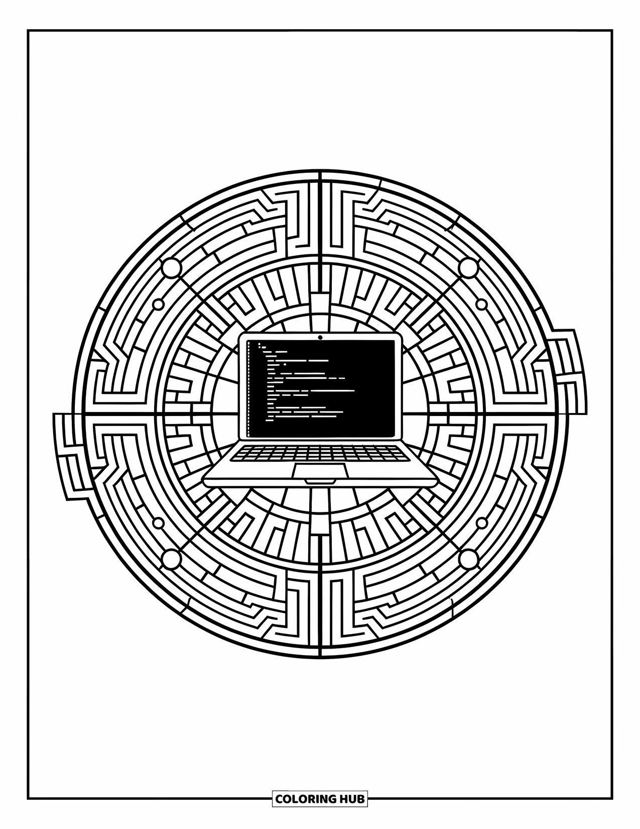 Technology Coloring Page for Adults: A laptop glows in the center of a stained-glass circuit pattern