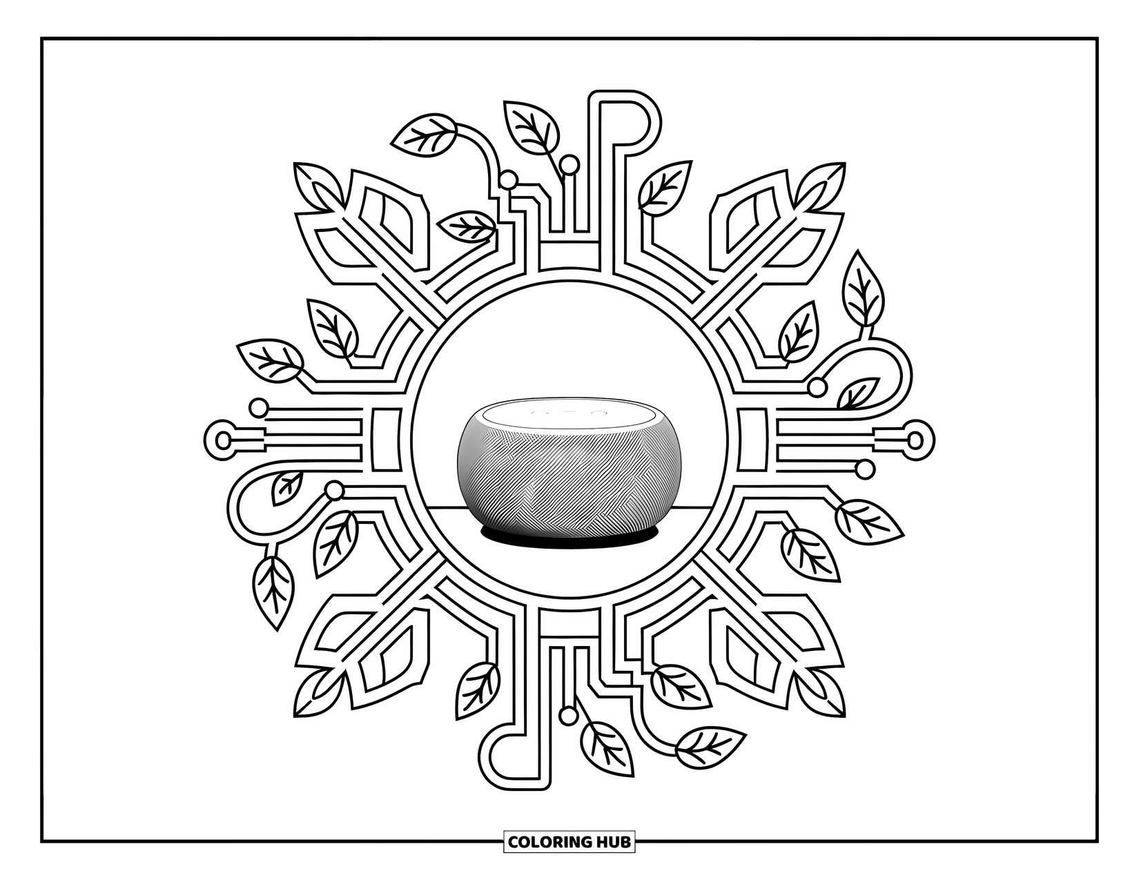 Technology Coloring Page for Adults: A speaker rests on wood surrounded by plants forming a techy vine pattern