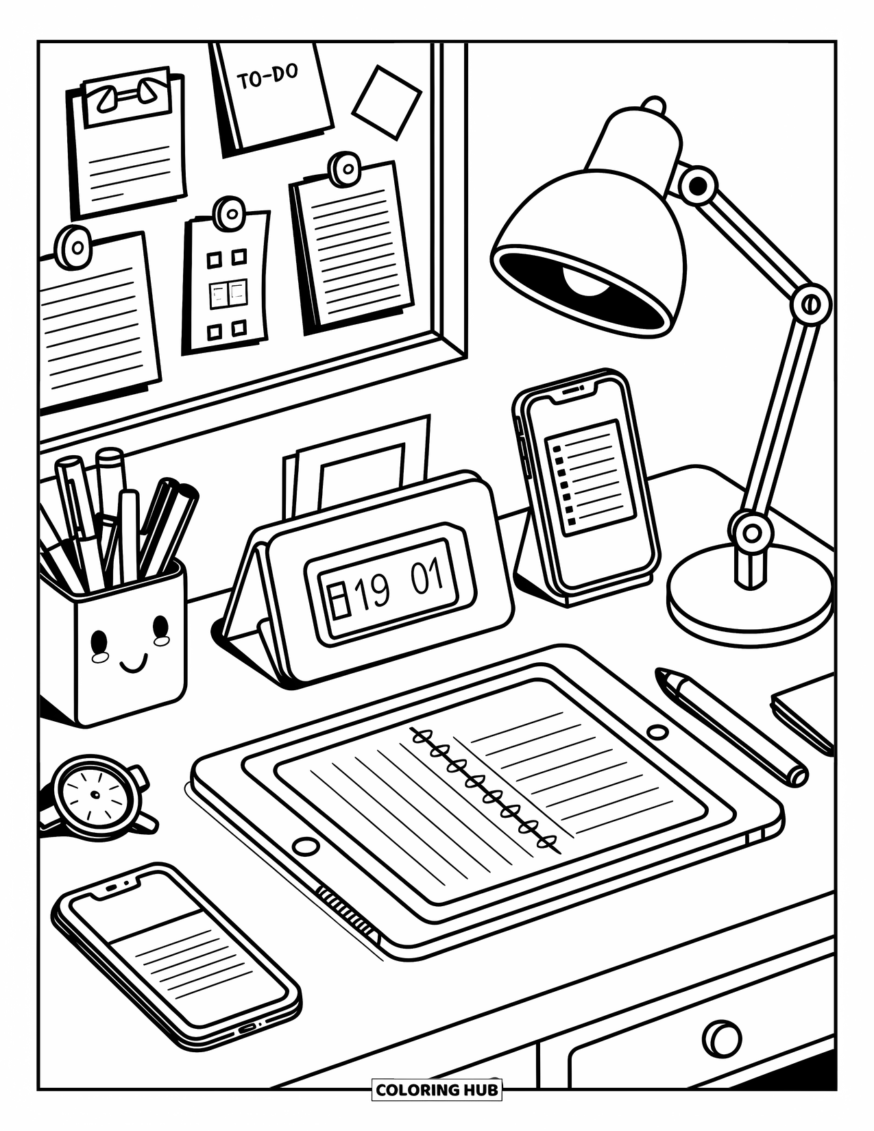 Technology Coloring Page for Adults: A tidy desk with a tablet, stylus, lamp, and cheerful reminder notes