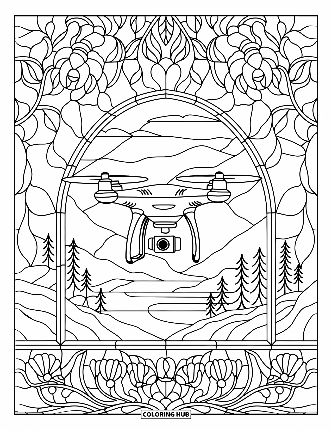 Technology Coloring Page for Adults: Camera drone floats inside a floral window with a peaceful view outside