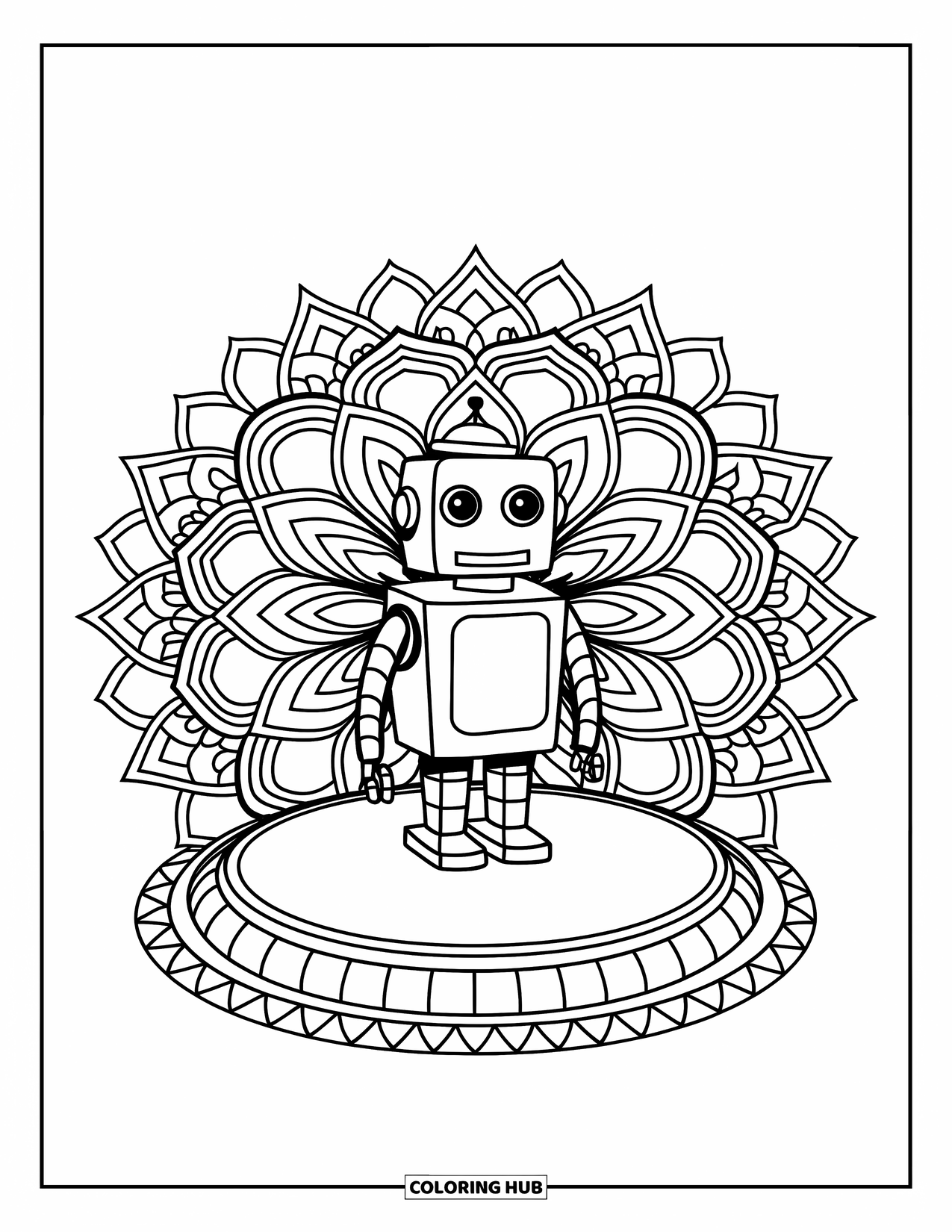 Technology Coloring Page for Adults: Robot in a hat stands on a mandala platform with shapes all around
