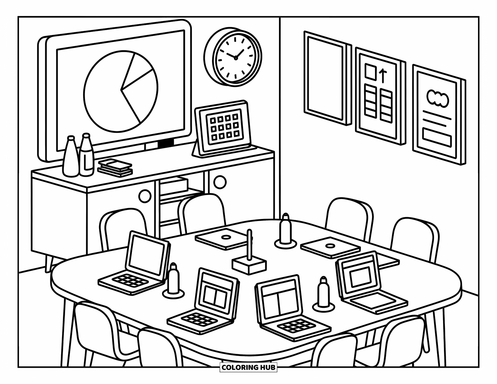 Technology Coloring Page for Adults: Round meeting table surrounded by laptops, name tags, and a cozy digital display