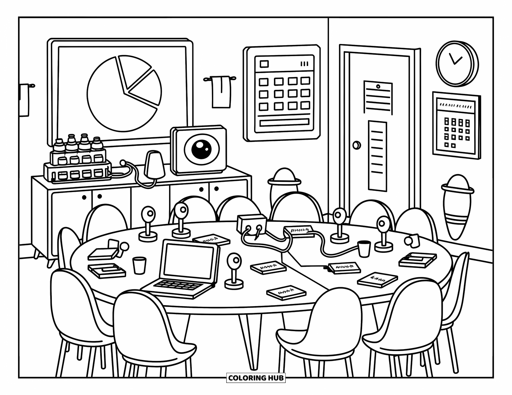 Technology Coloring Page for Adults: Techy meeting room with pie charts, open laptops, and cheerful touches all around