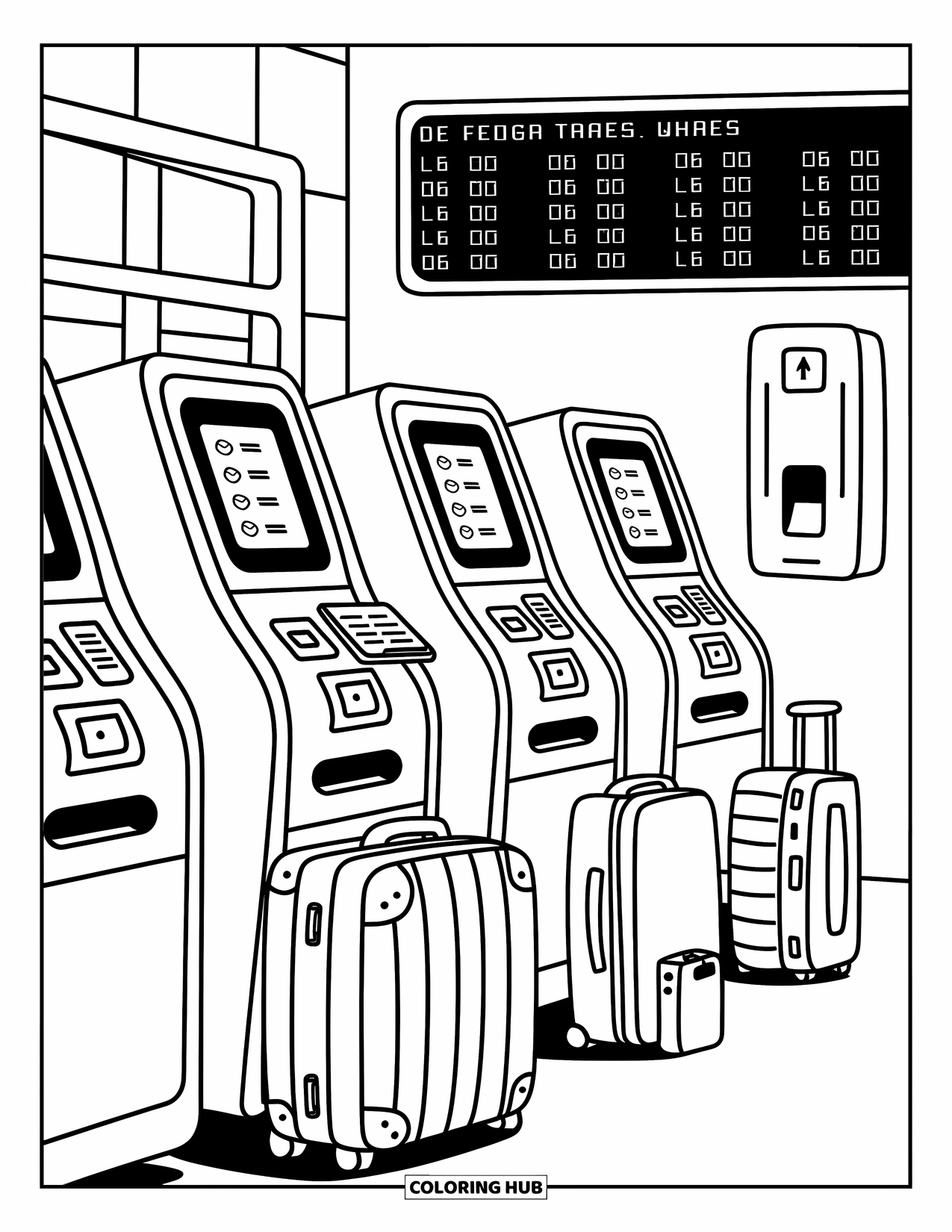 Technology Coloring Page for Adults: Whimsical check-in kiosks with flight screens, sanitizer, and playful signs