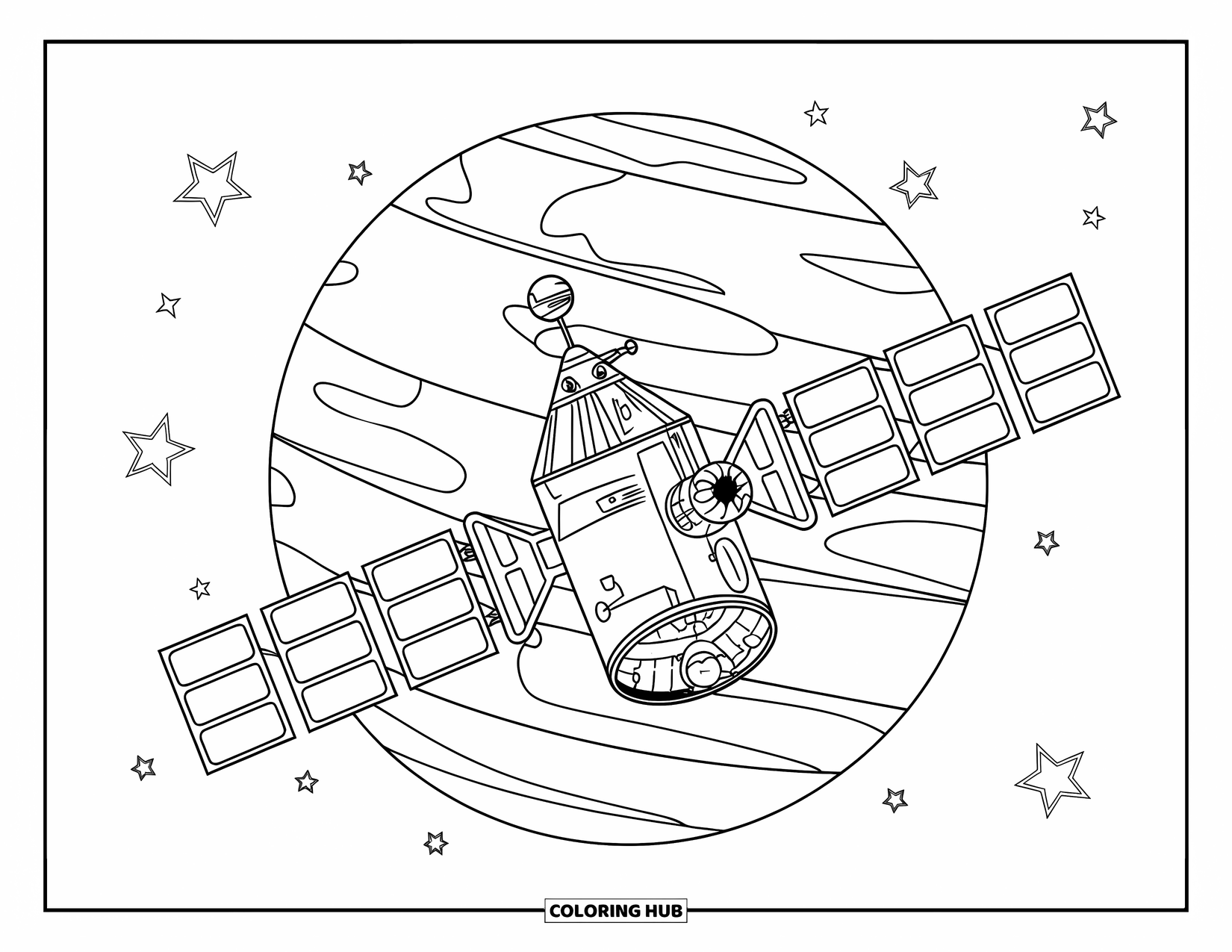 Technology Coloring Page for Kids: A satellite orbits Earth with panels and stars all around