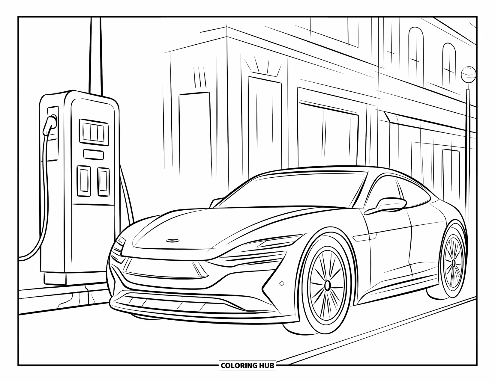Technology Coloring Page for Kids: A smooth electric car charges quietly on a calm city street