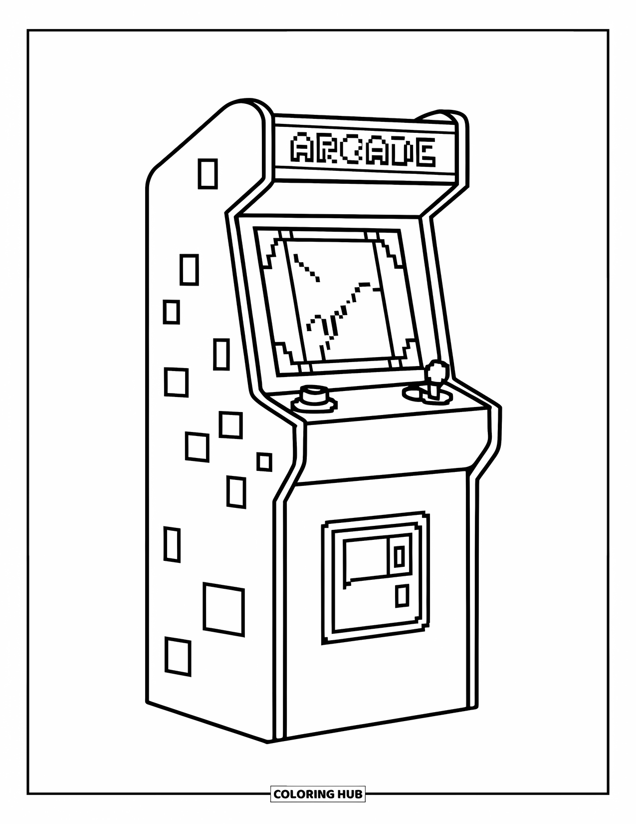 Technology Coloring Page for Kids: Arcade machine stands tall with joystick and classic pixel display