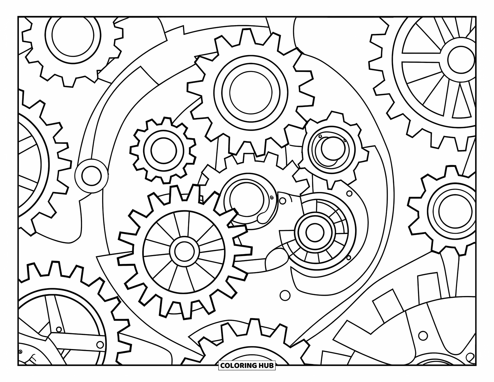 Technology Coloring Page for Kids: Circular gears connect with neat teeth in a fun design