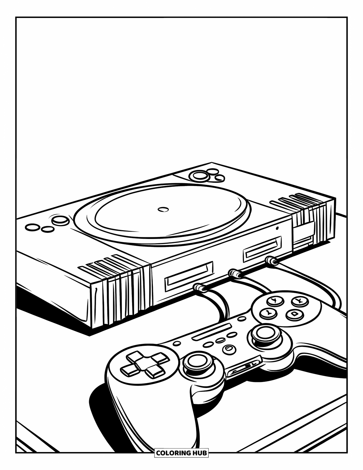 Technology Coloring Page for Kids: Console and controllers wait on a table with a touch