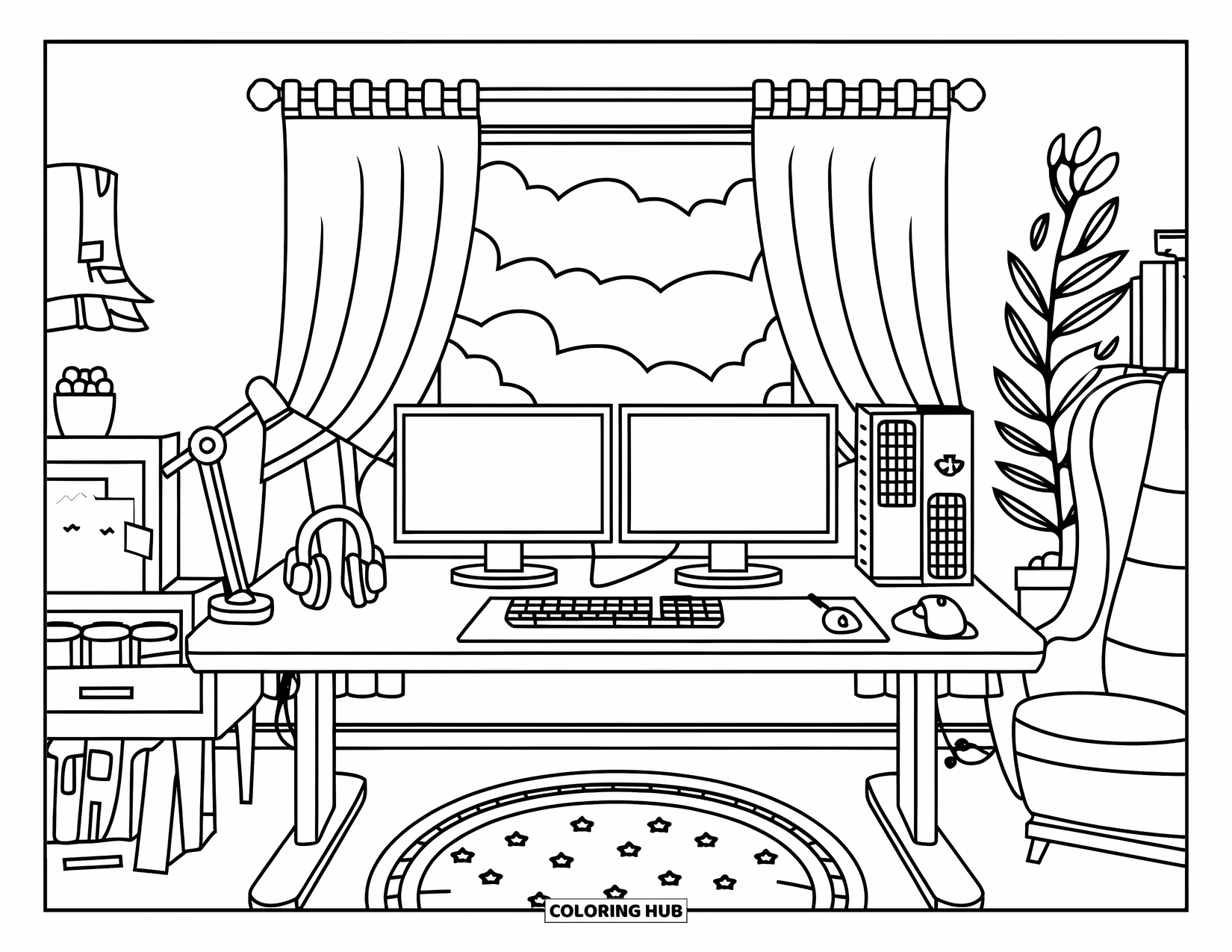 Technology Coloring Page for Kids: Dual-monitor gaming desk with headset, books, and a sunny window nearby