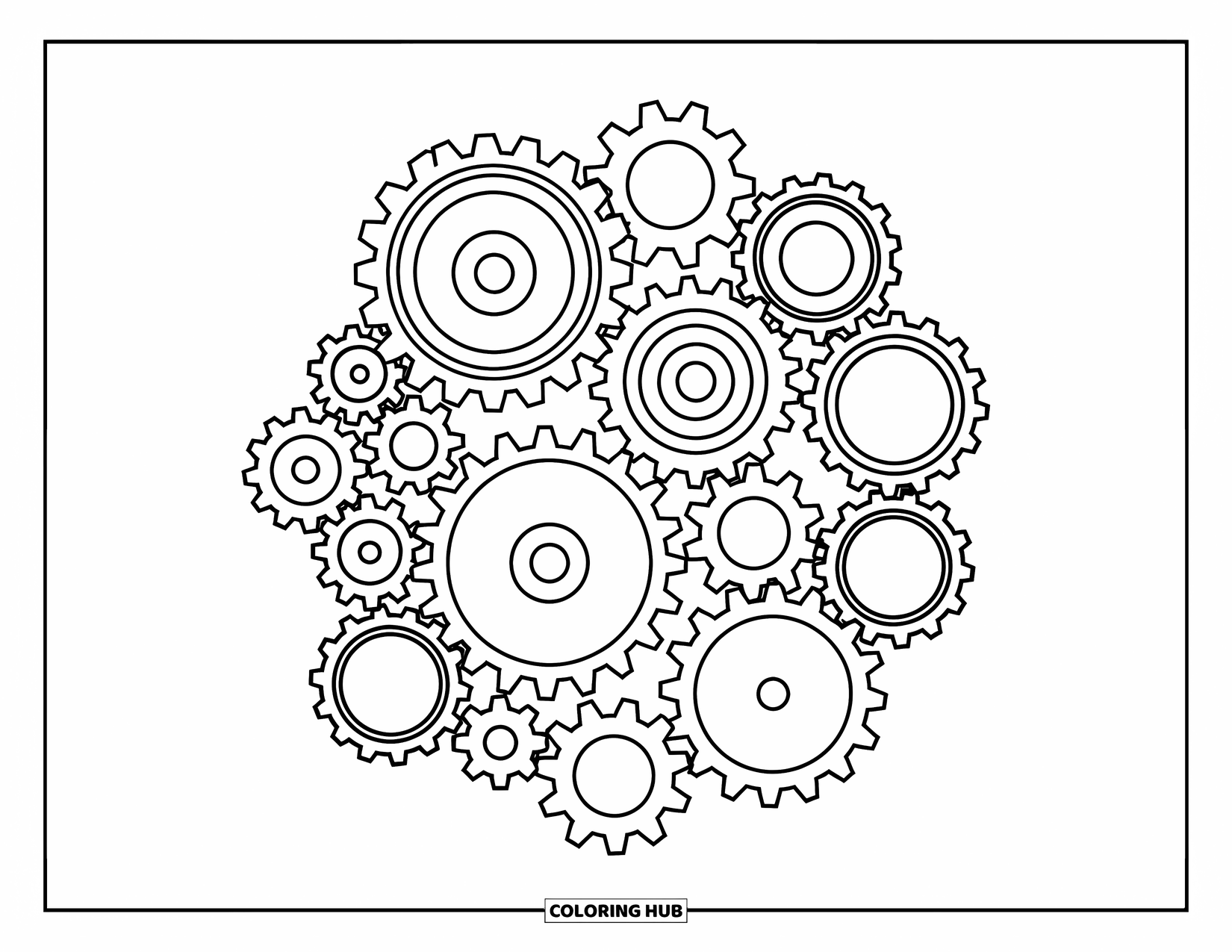 Technology Coloring Page for Kids: Gears link together in a creative circle of movement