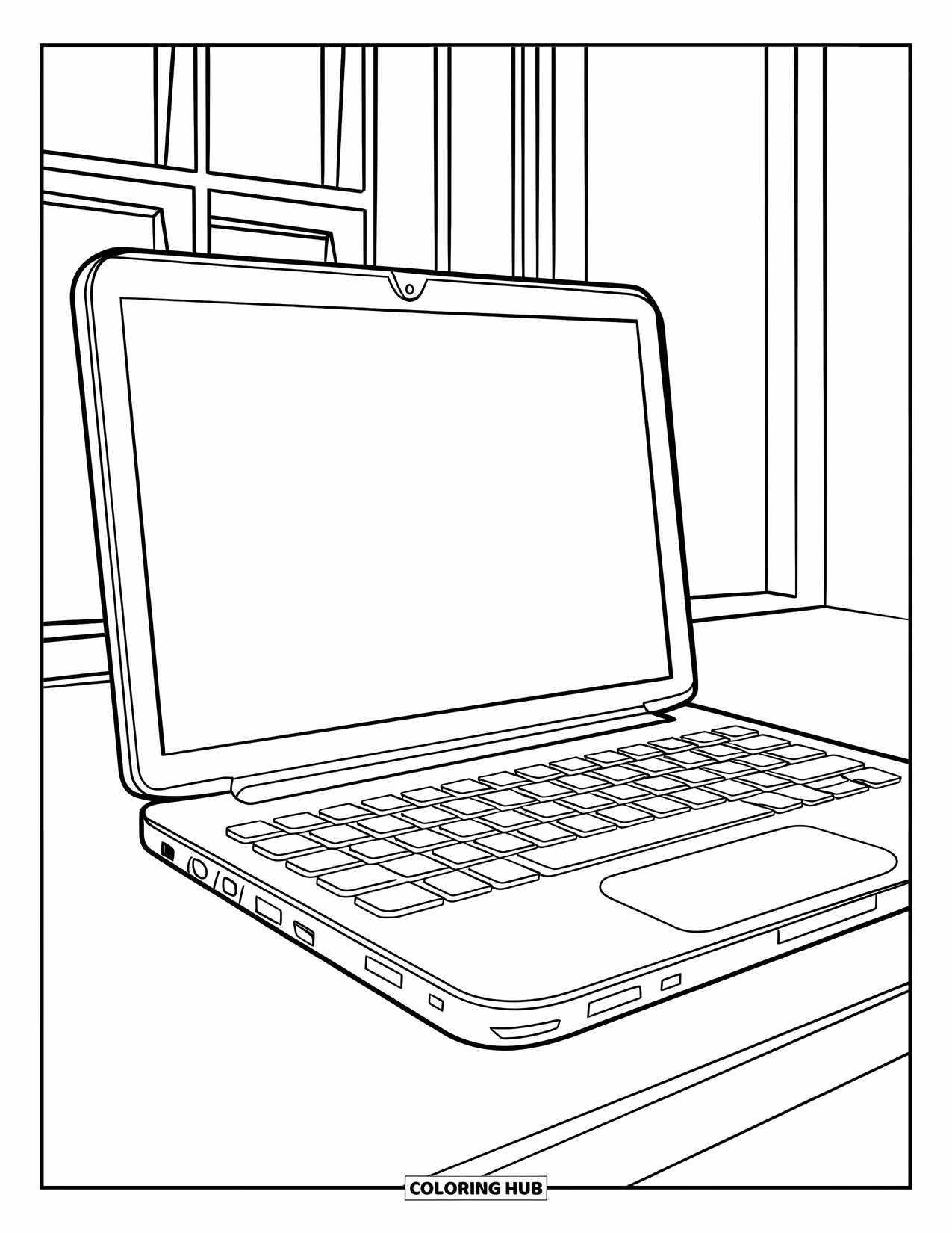 Technology Coloring Page for Kids: Laptop with big keyboard sits on a clean desk