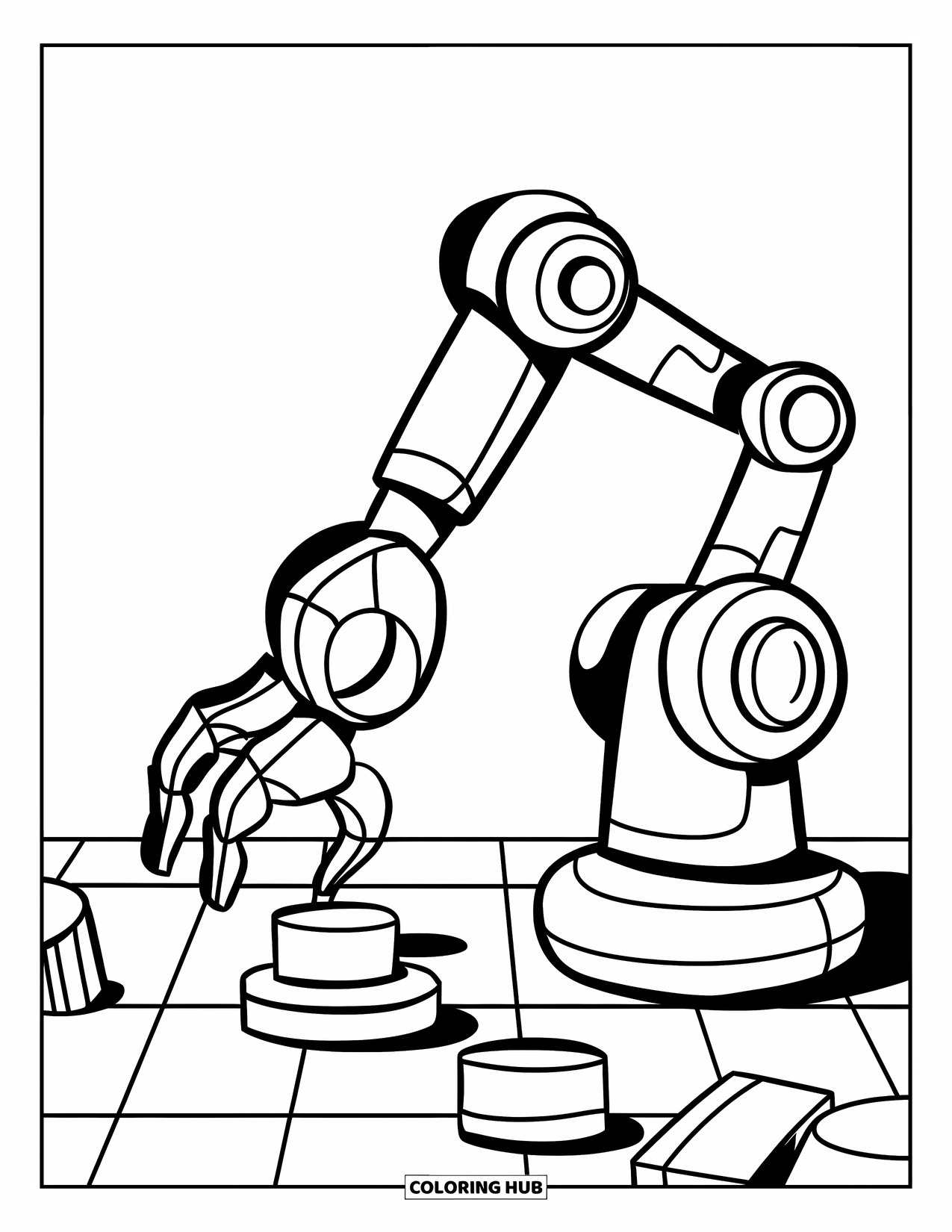 Technology Coloring Page for Kids: Robot arm carefully assembles tiny parts on a table