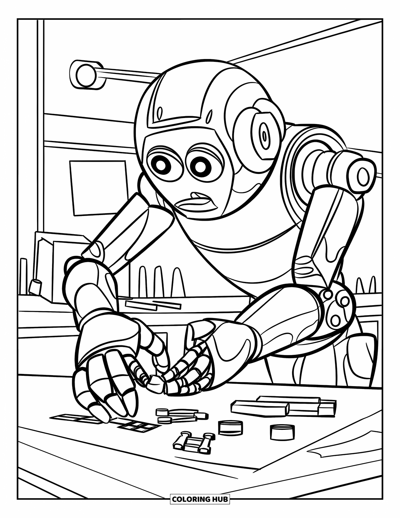 Technology Coloring Page for Kids: Robot arm with gears and eyes assembles tiny tools in a workshop