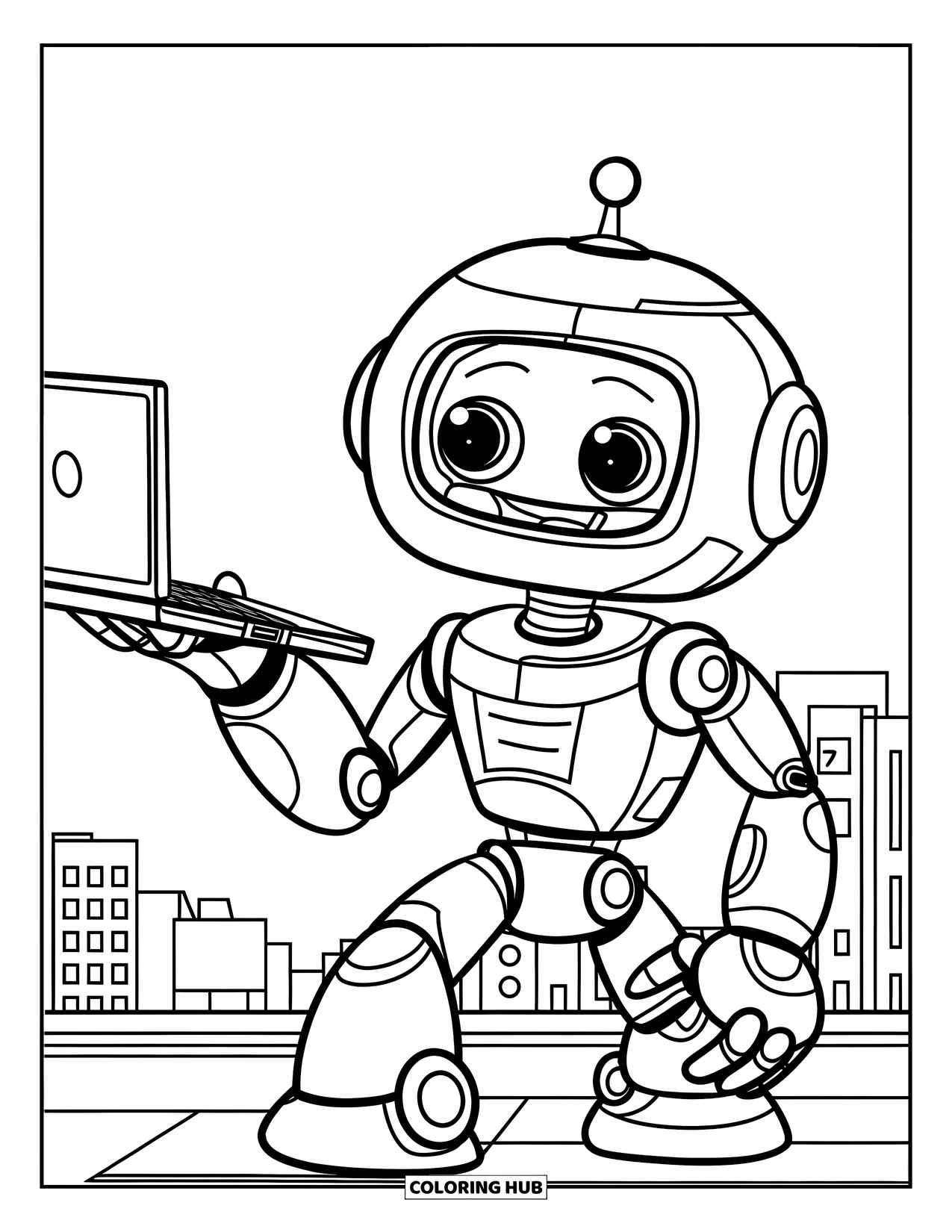 Technology Coloring Page for Kids: Robot with round head and laptop stands proudly in the city