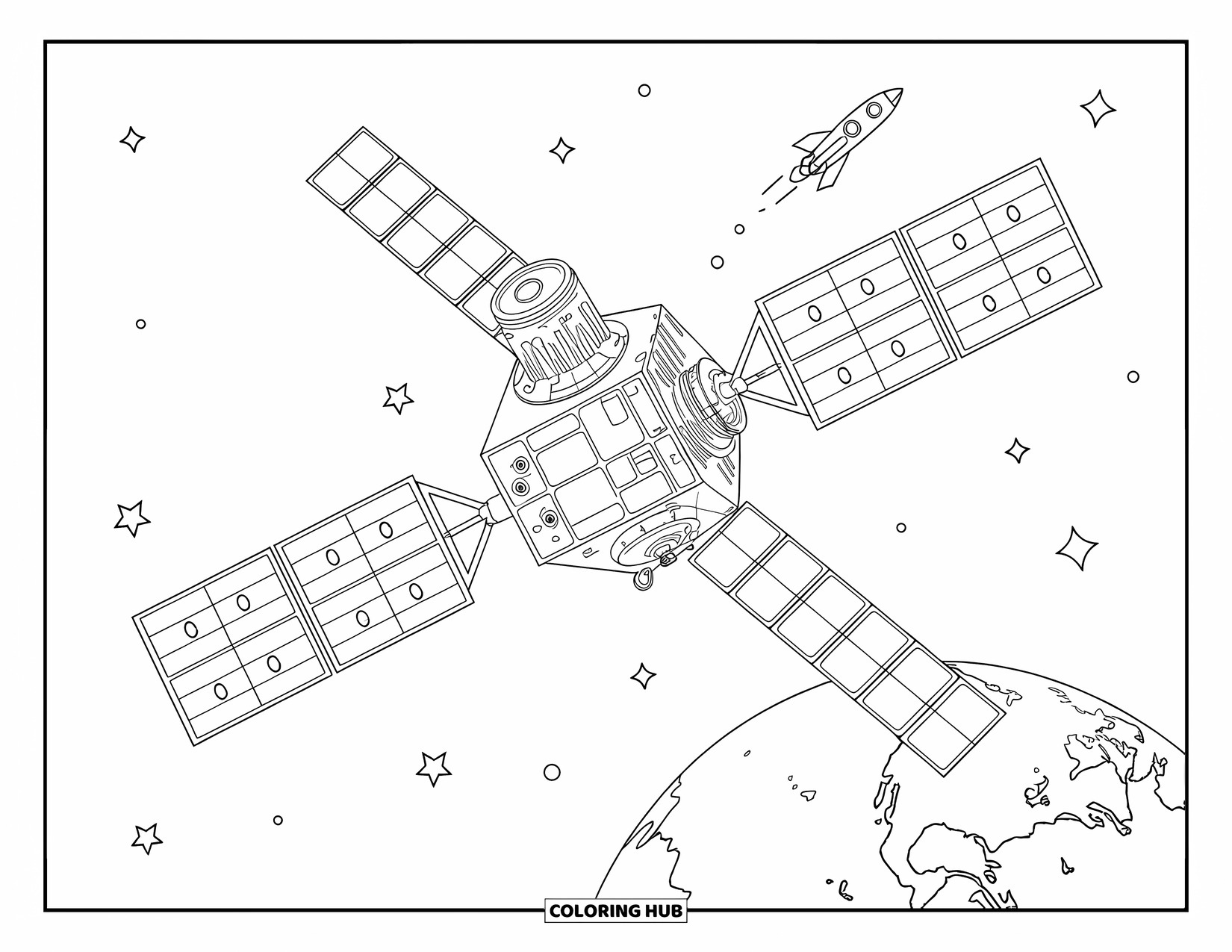 Technology Coloring Page for Kids: Satellite floats in space above Earth with stars and a rocket