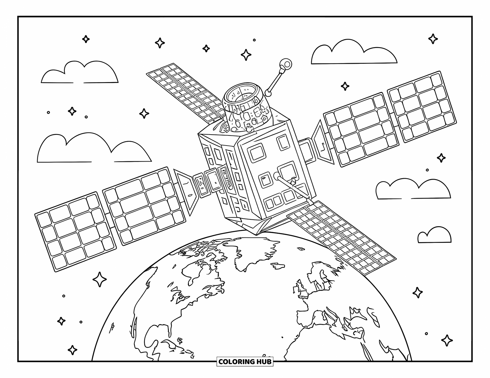 Technology Coloring Page for Kids: Satellite hovers above a bright Earth, ready for adventure