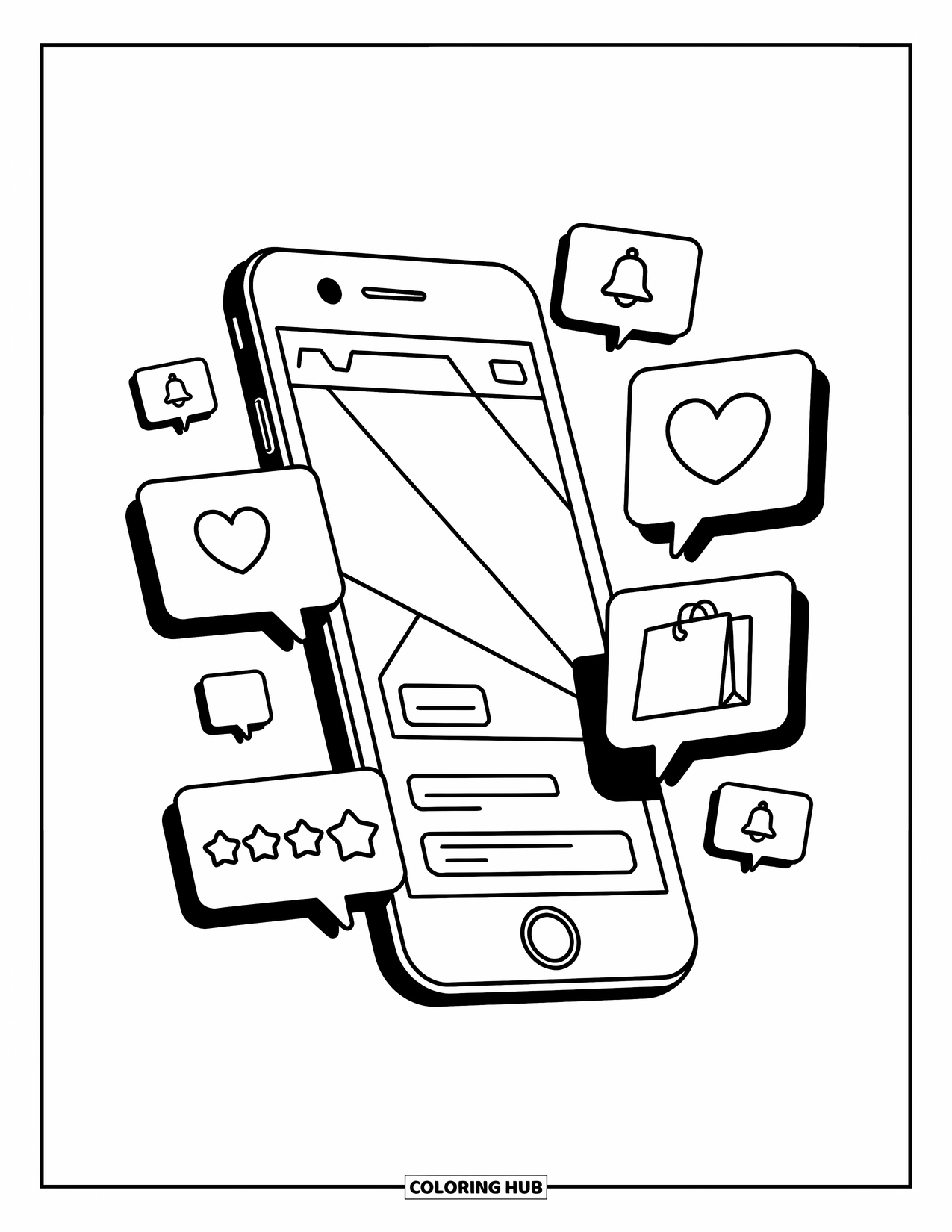 Technology Coloring Page for Kids: Smartphone pops with icons like hearts, stars, and bells