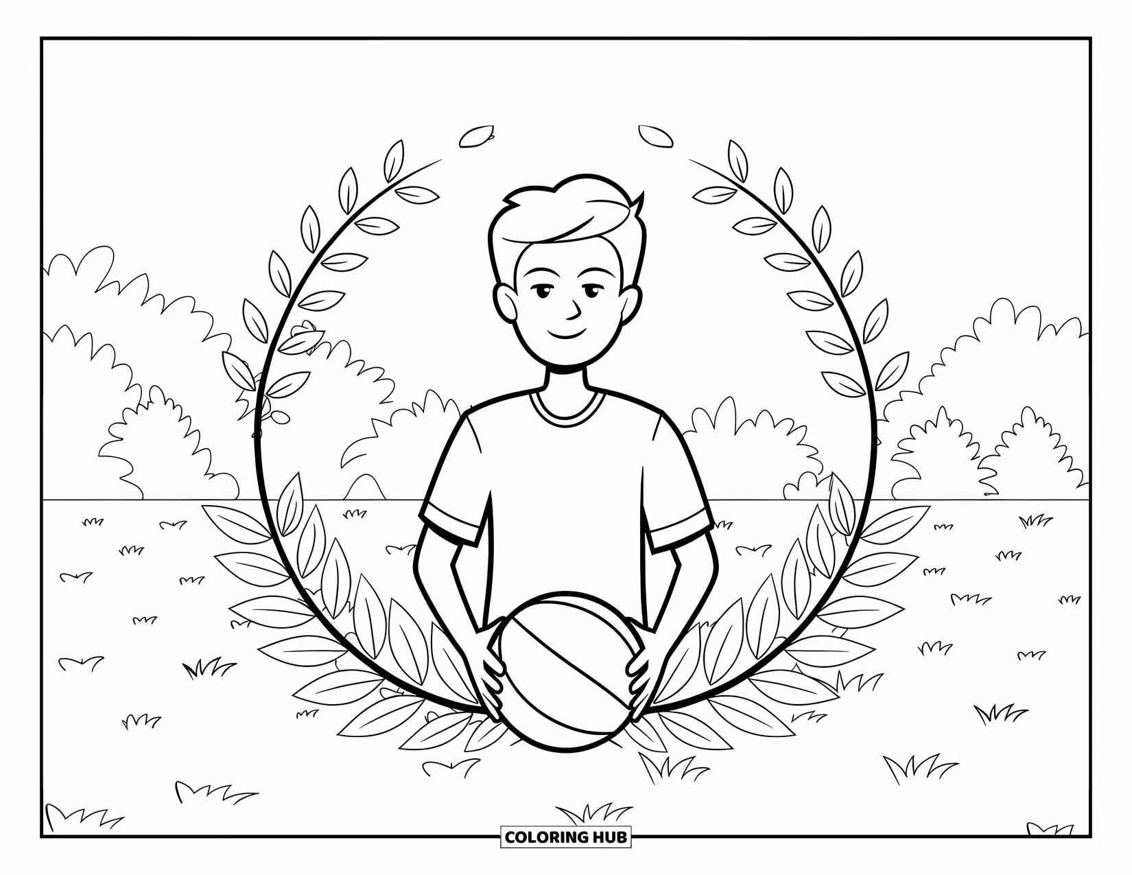 Teen Boy Coloring Page for Adults: A boy holds a basketball within a circle of flowers and leaves