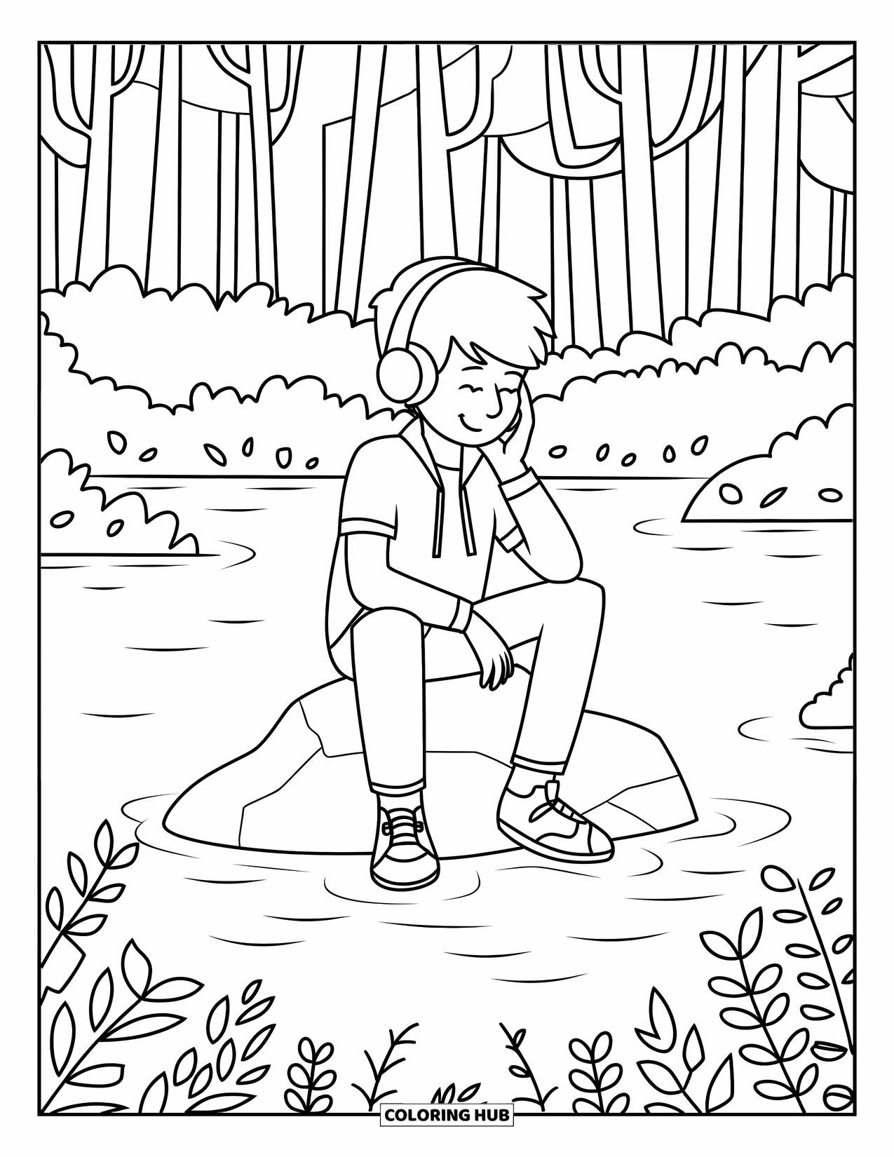 Teen Boy Coloring Page for Adults: A boy listens to music on a rock surrounded by trees and patterns